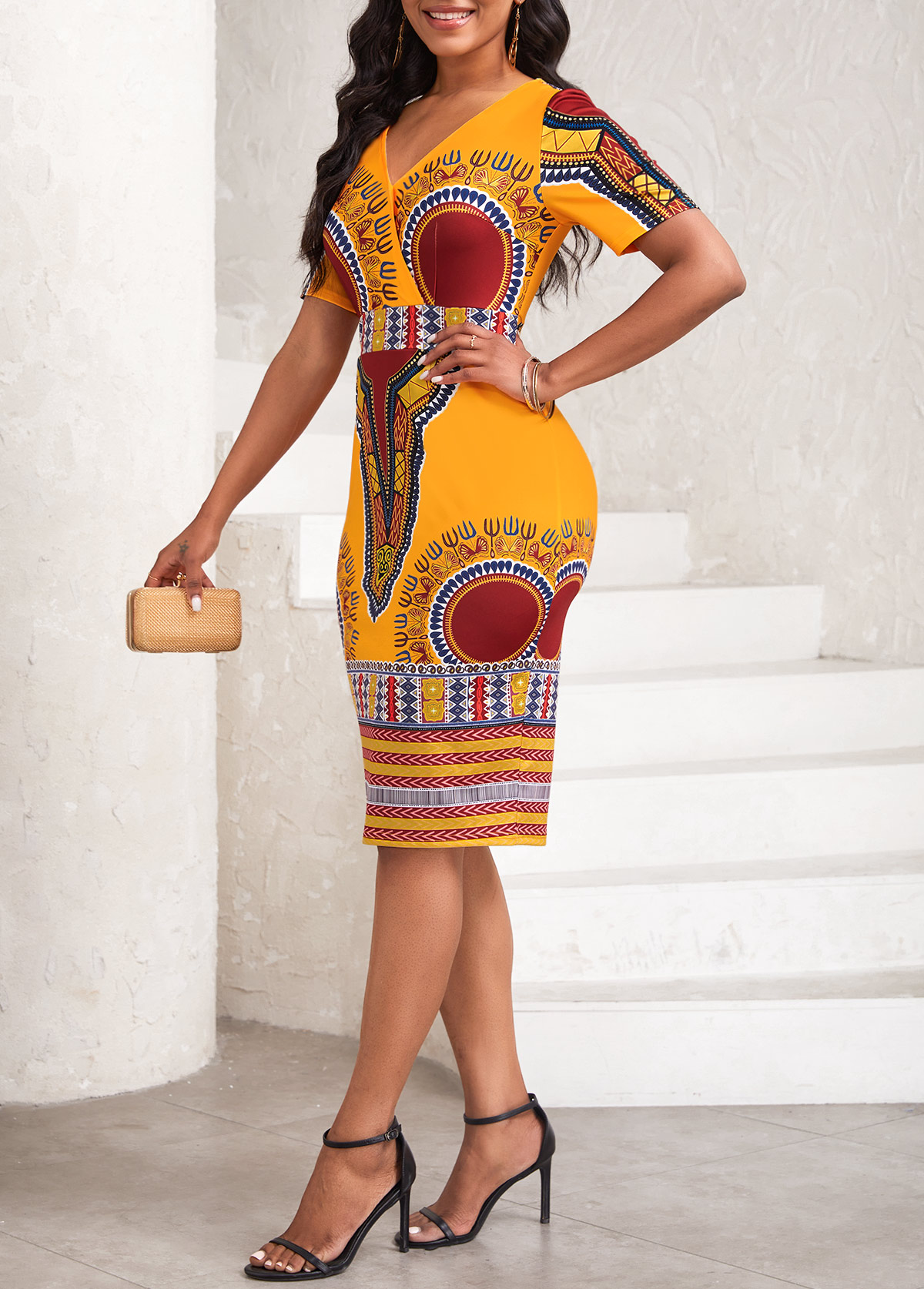 Orange Patchwork African Tribal Print Short Sleeve Bodycon Dress