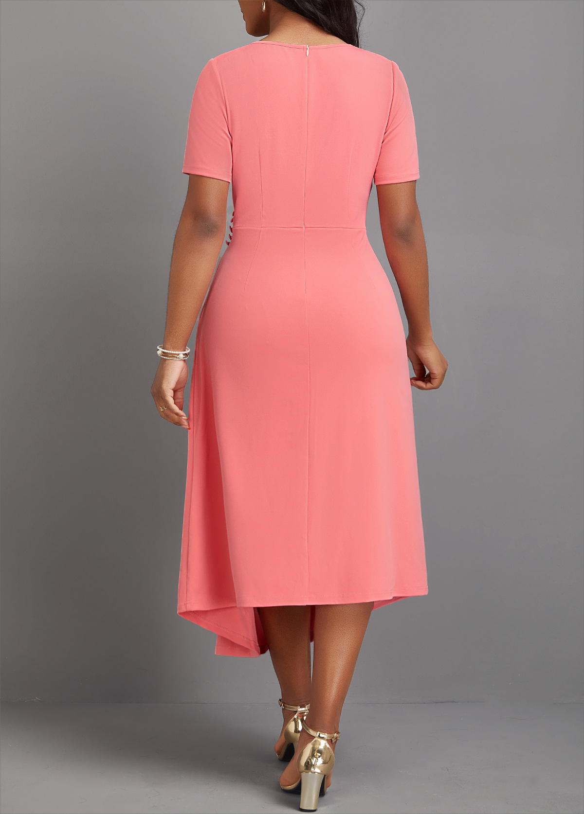 Pink Asymmetry Short Sleeve Round Neck Dress