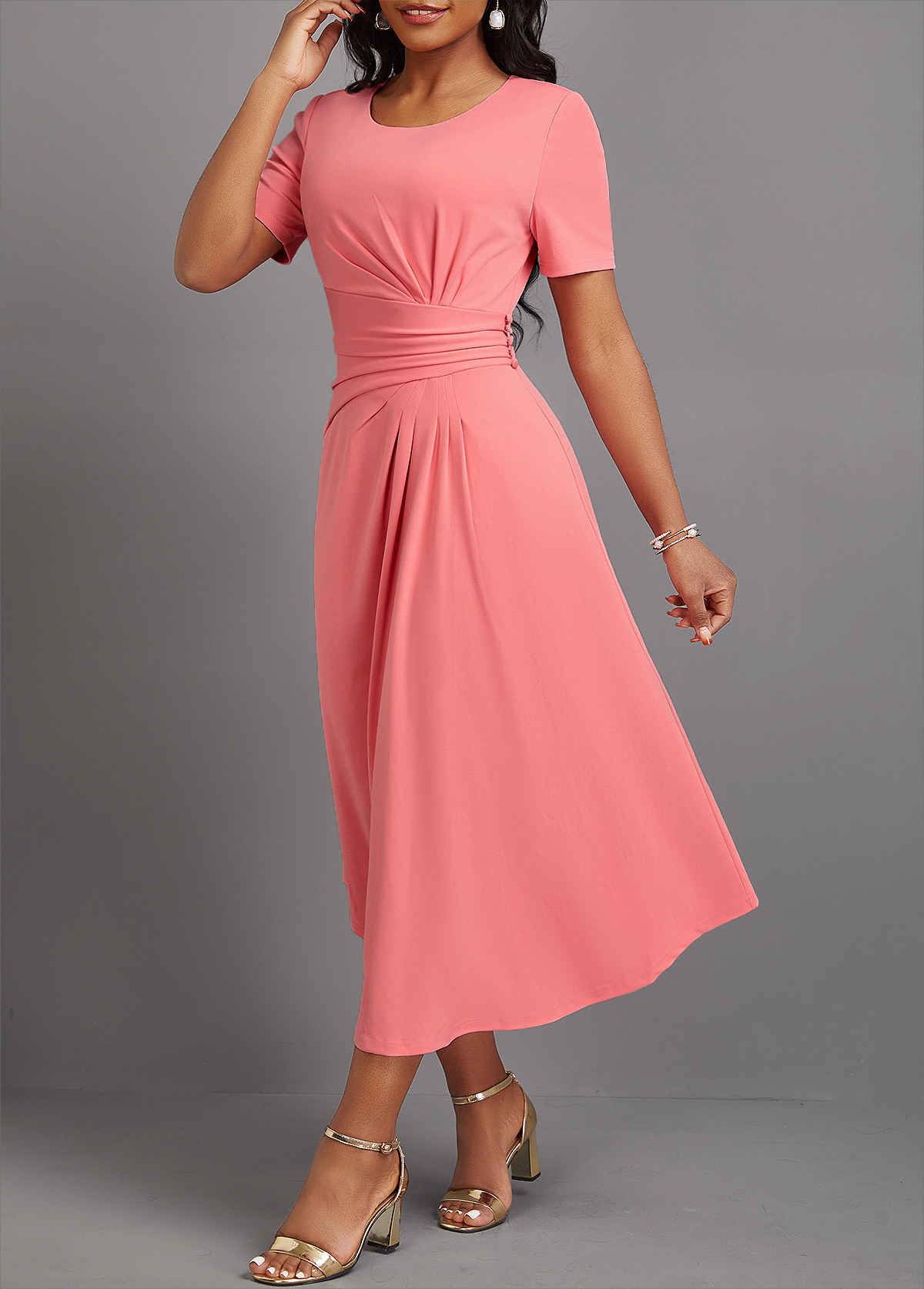 Pink Asymmetry Short Sleeve Round Neck Dress