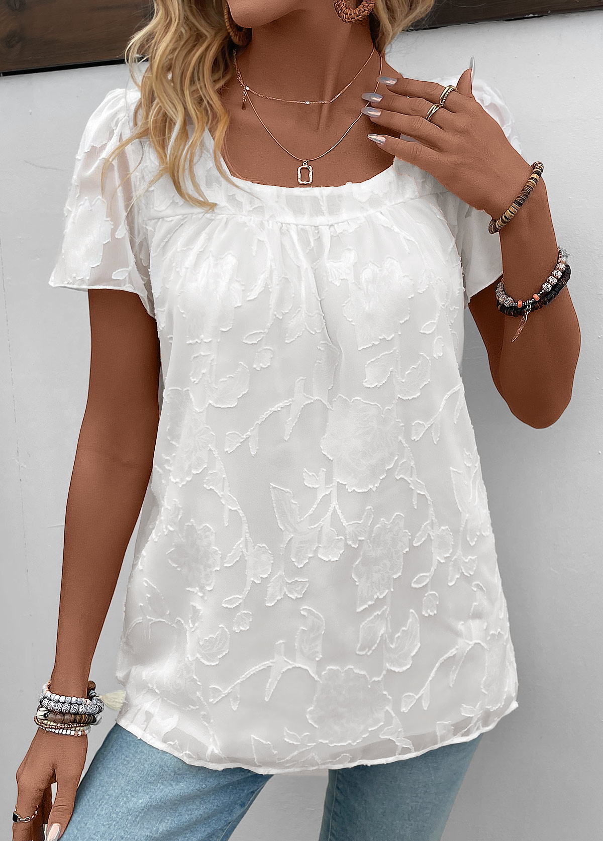 White Chiffon Short Sleeve Square Neck T Shirt | picture 