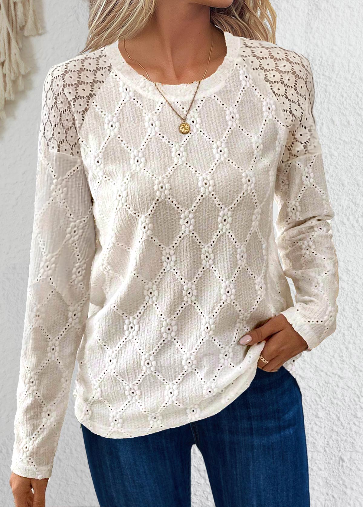 Beige Lace Long Sleeve Round Neck T Shirt