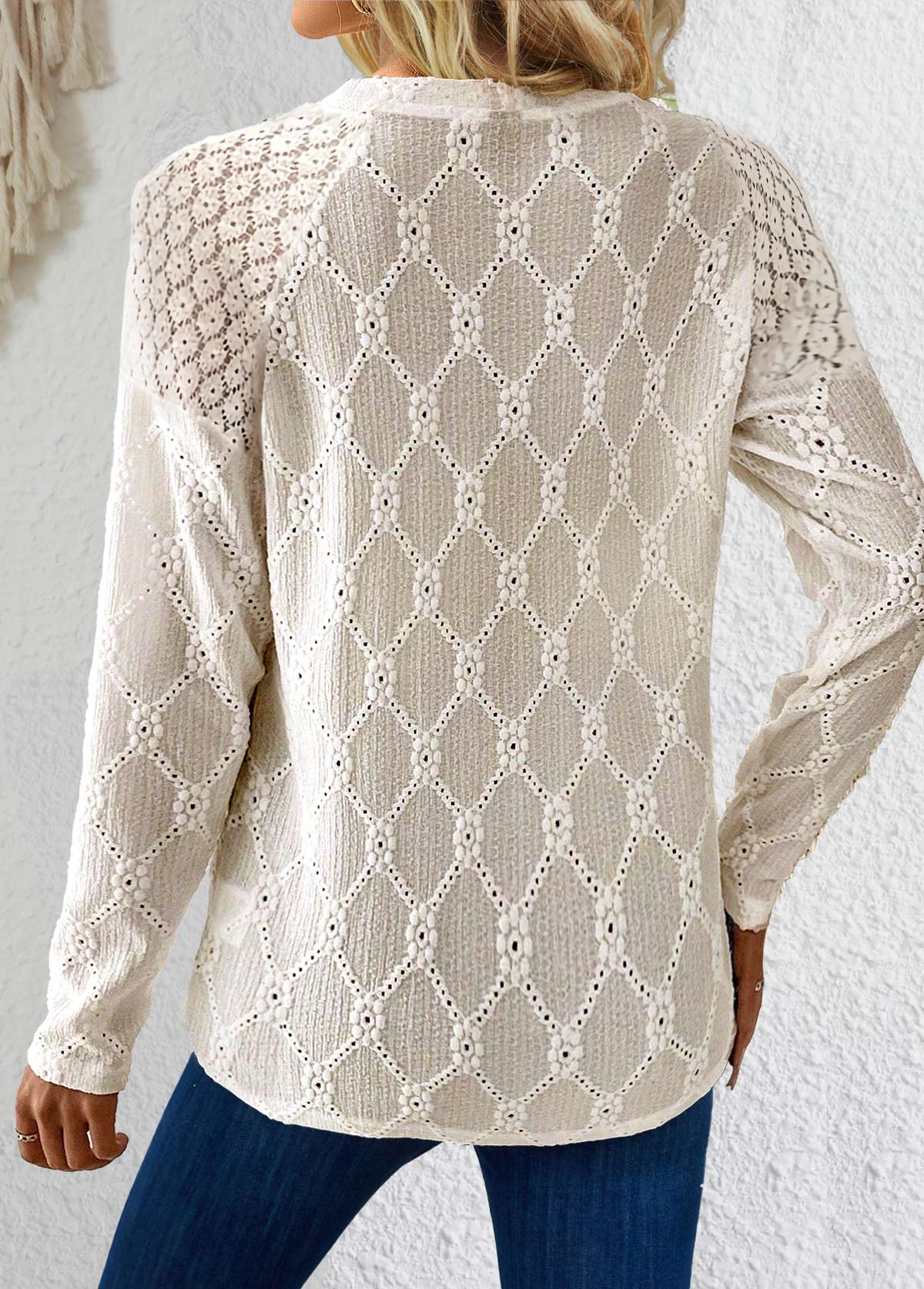 Beige Lace Long Sleeve Round Neck T Shirt