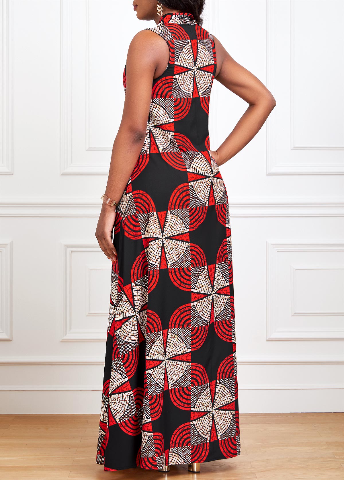 Red Ribbon Geometric Print A Line Sleeveless Dress