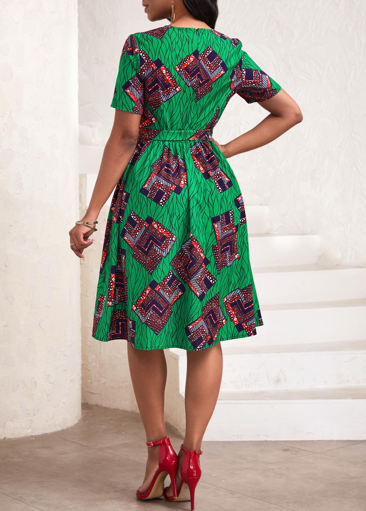 Green Pocket African Tribal Print Belted Short Sleeve Dress