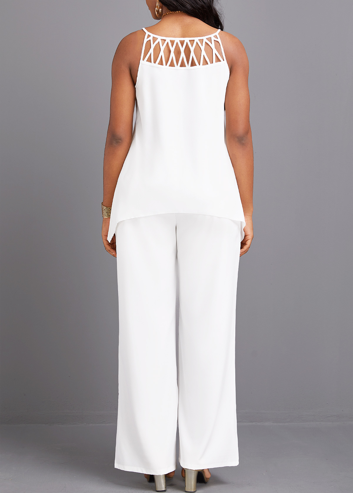 White Cage Neck Long Sleeveless Top and Pants