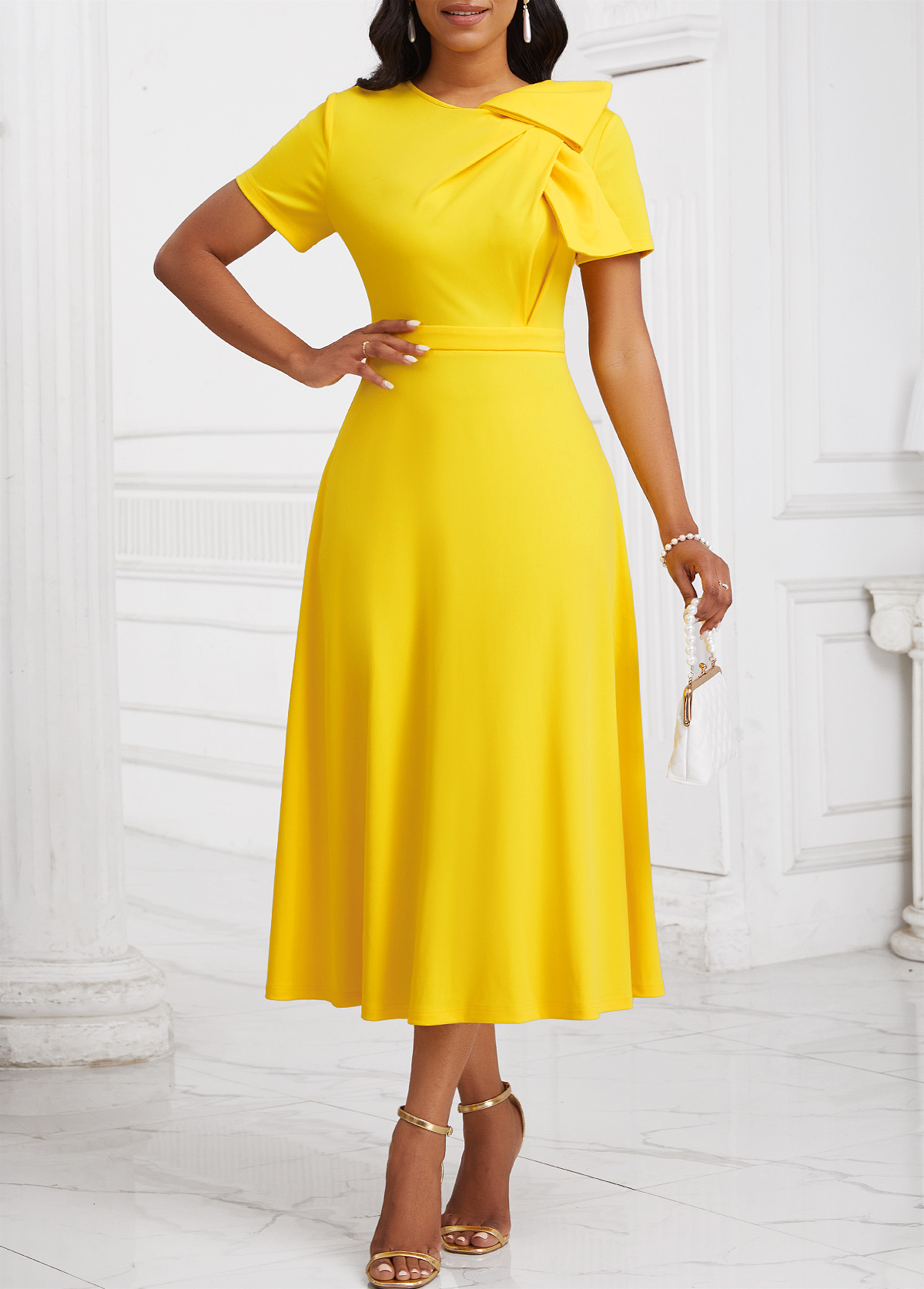 Yellow Zipper Short Sleeve Asymmetrical Neck Dress