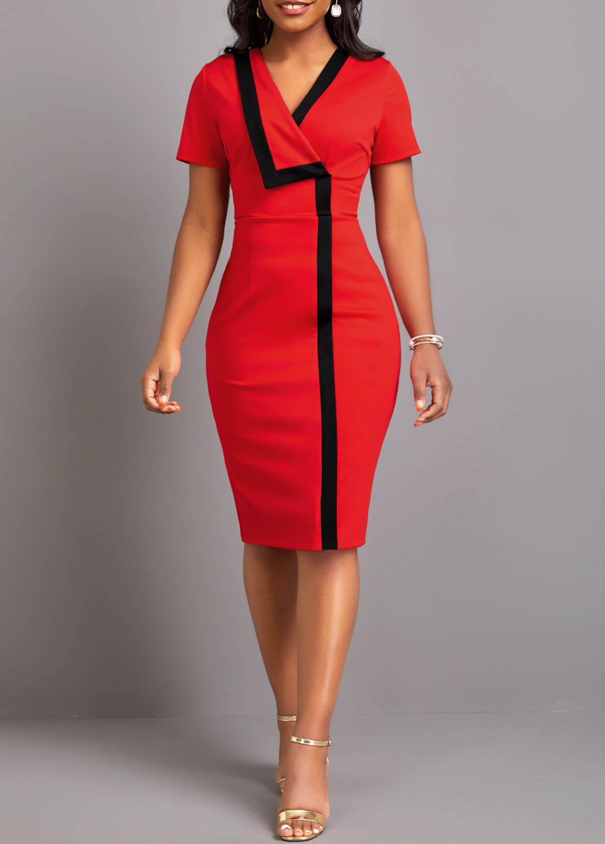Red Patchwork Short Sleeve V Neck Bodycon Dress