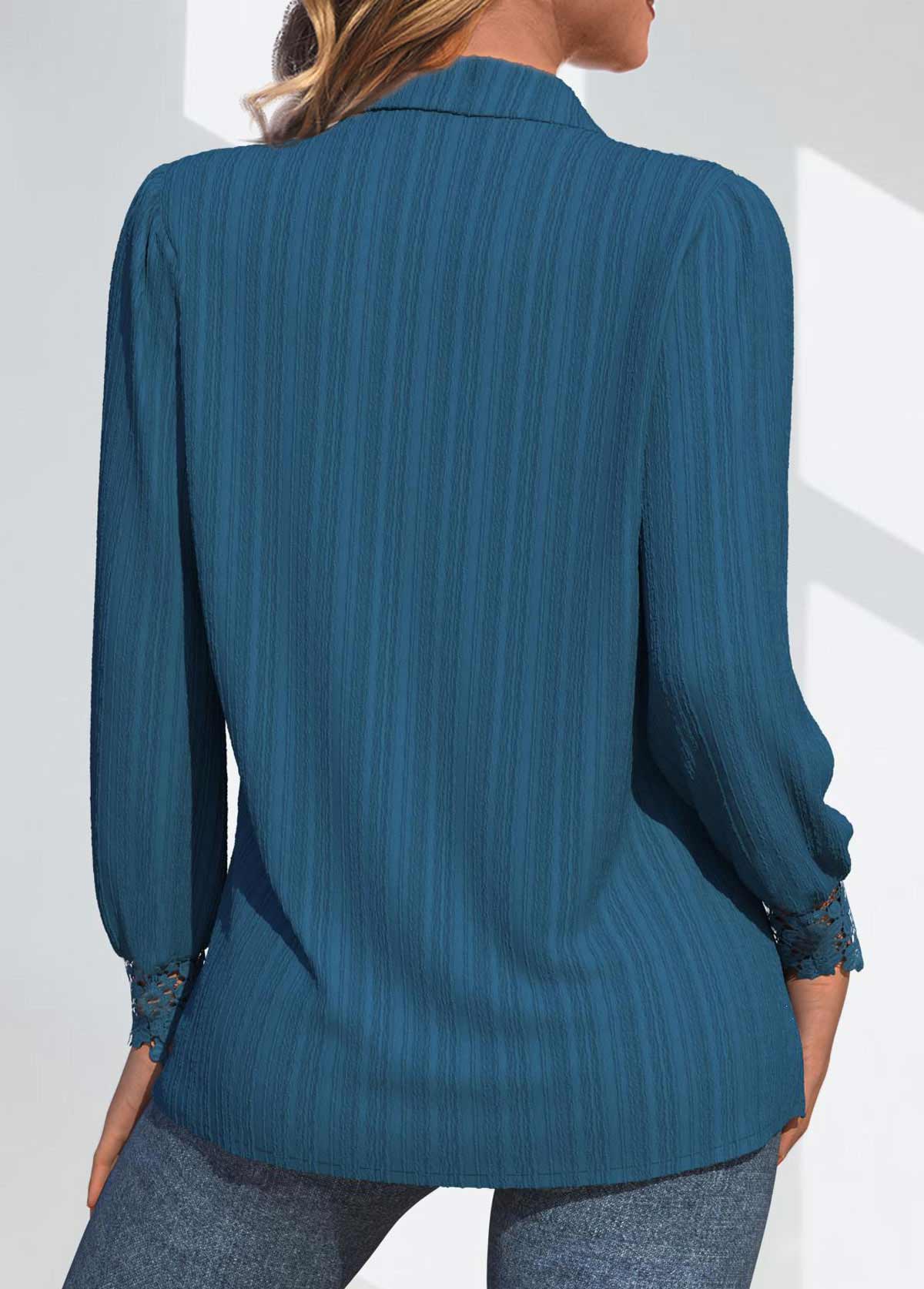 Peacock Blue Patchwork Long Sleeve Shirt Collar Blouse | picture 