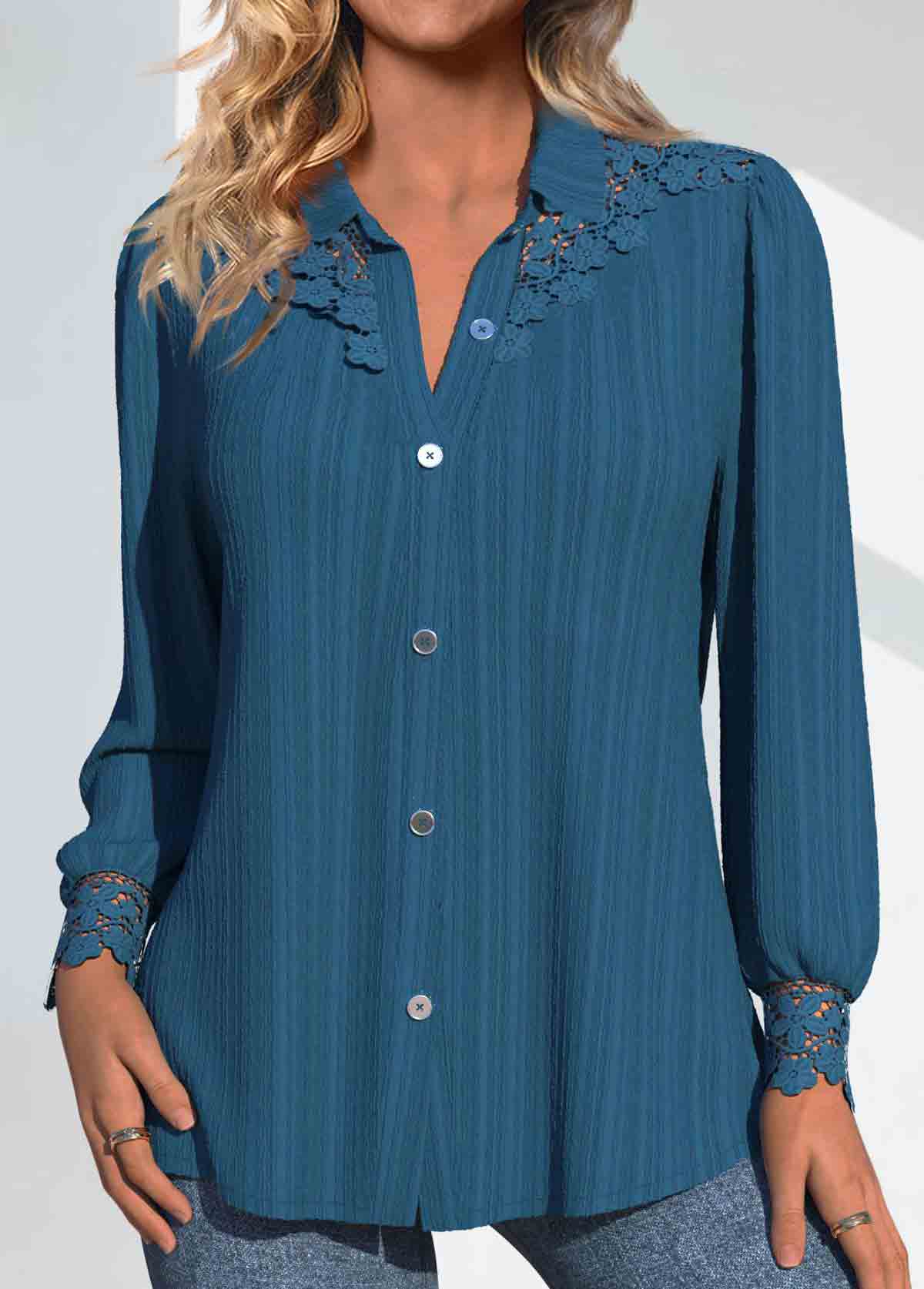 Peacock Blue Patchwork Long Sleeve Shirt Collar Blouse | picture 