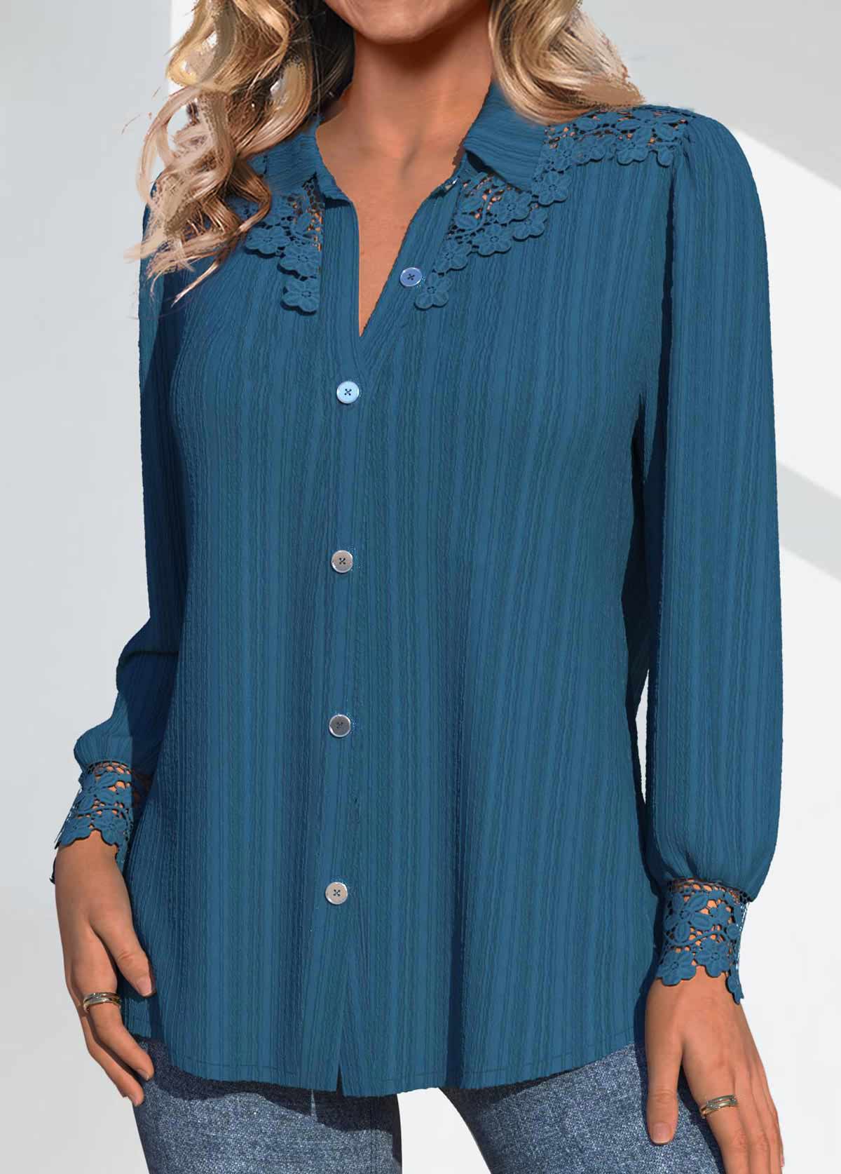 Peacock Blue Patchwork Long Sleeve Shirt Collar Blouse | picture 