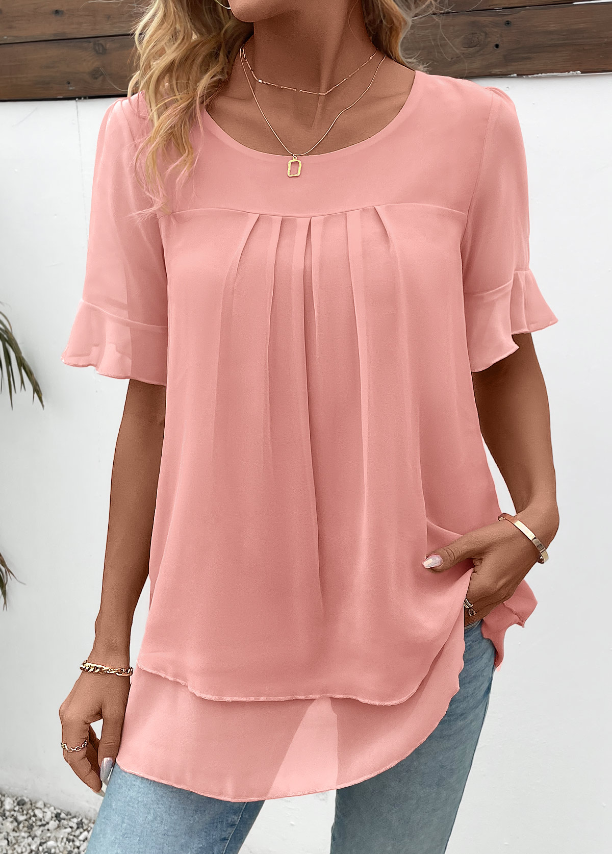Pink Layered Short Sleeve Round Neck Blouse | picture 