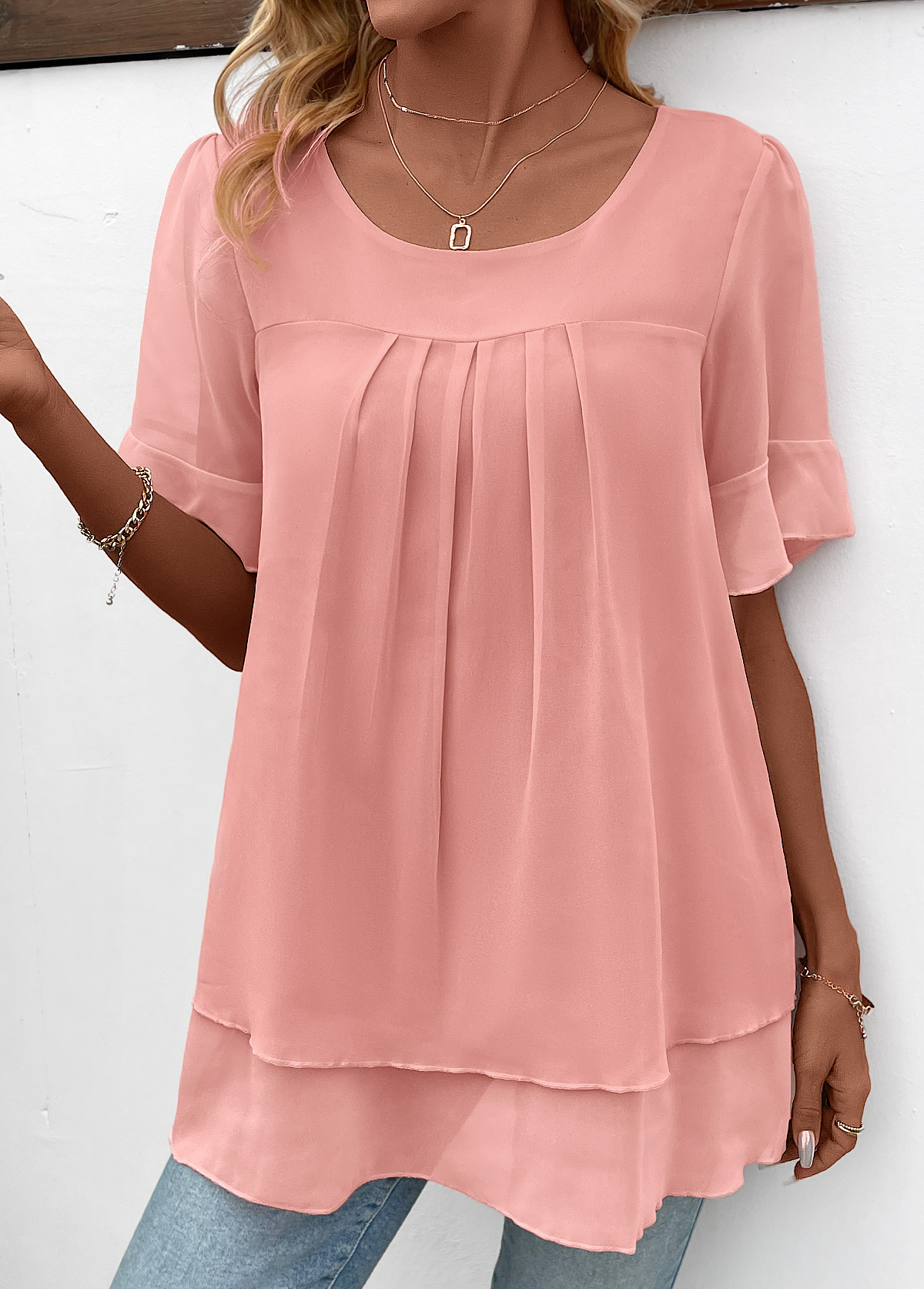 Pink Layered Short Sleeve Round Neck Blouse | picture 