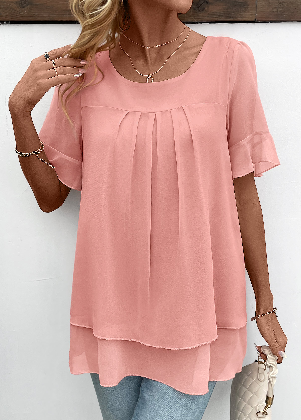 Pink Layered Short Sleeve Round Neck Blouse | picture 