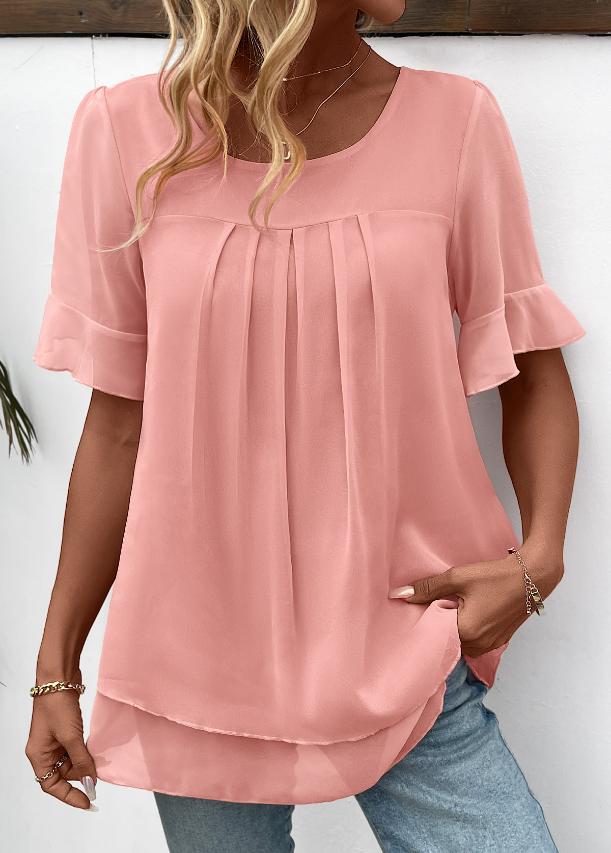Pink Layered Short Sleeve Round Neck Blouse | picture 