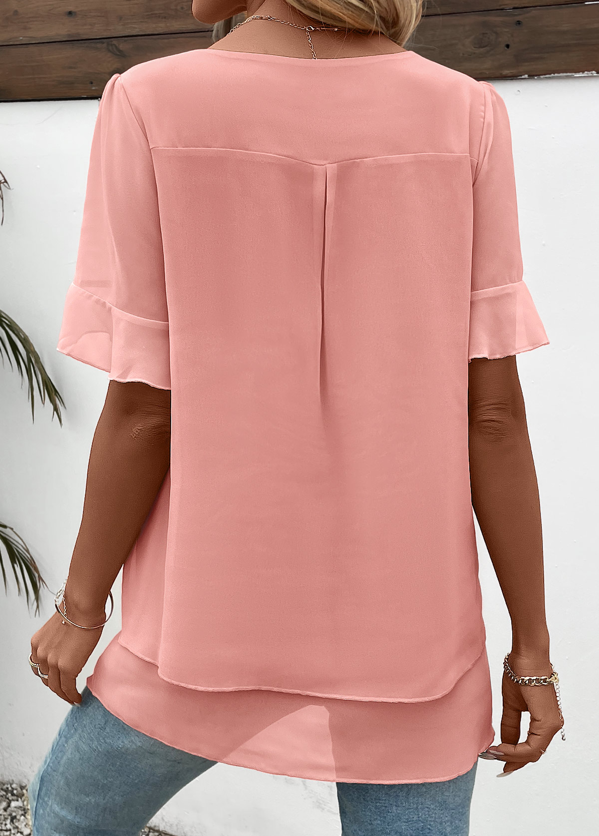 Pink Layered Short Sleeve Round Neck Blouse | picture 
