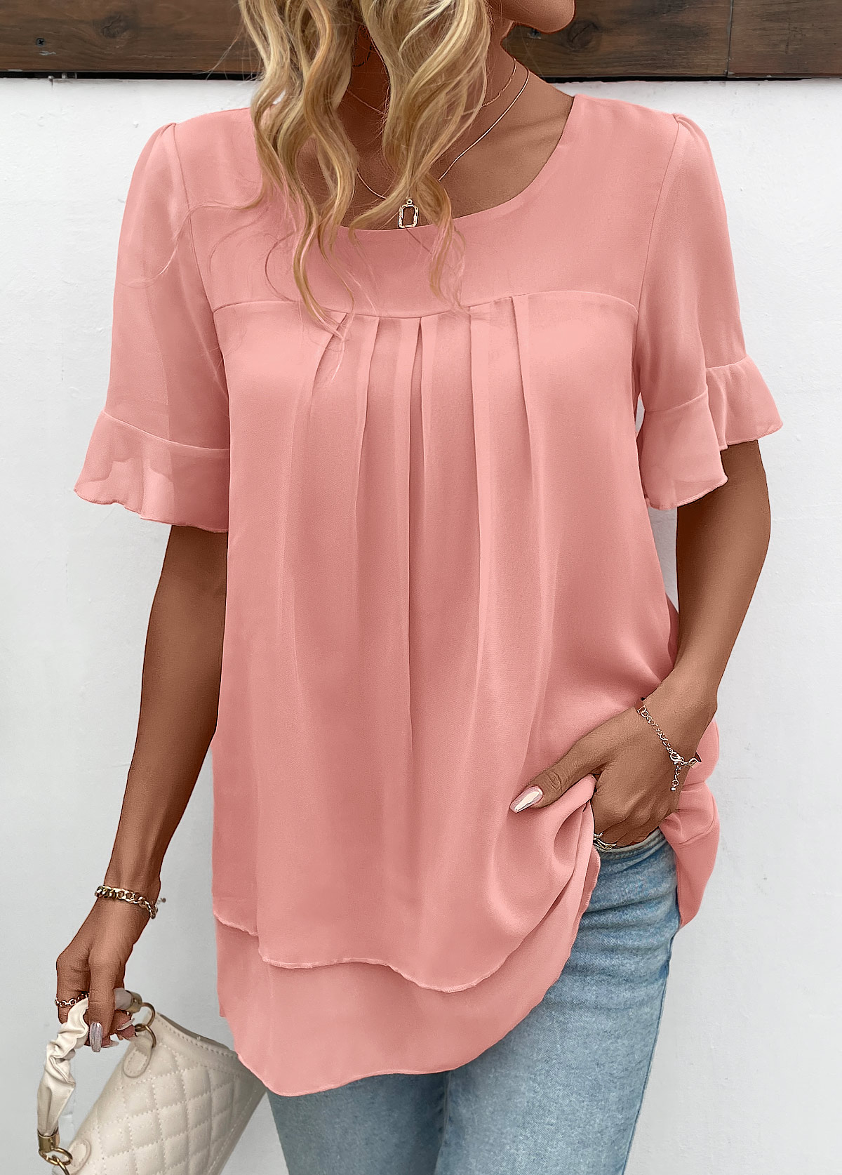 Pink Layered Short Sleeve Round Neck Blouse | picture 