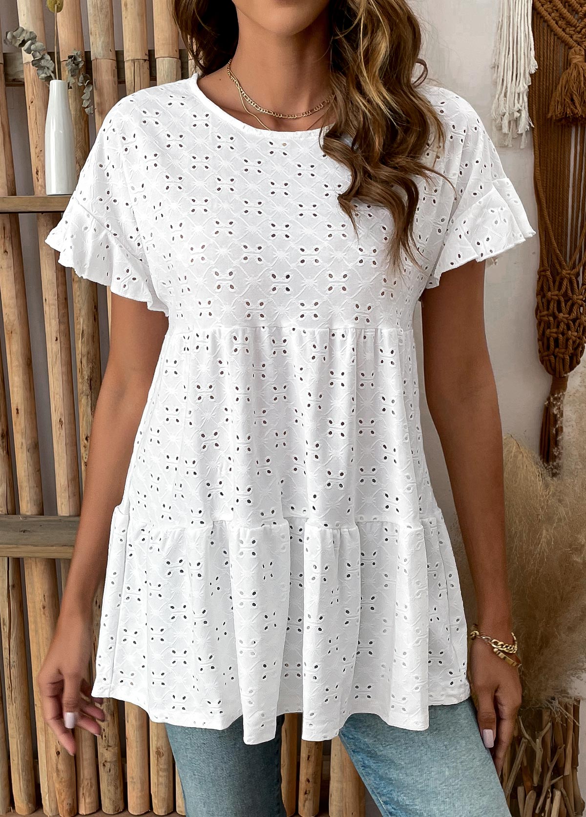White Hollow Out Short Sleeve Round Neck Blouse