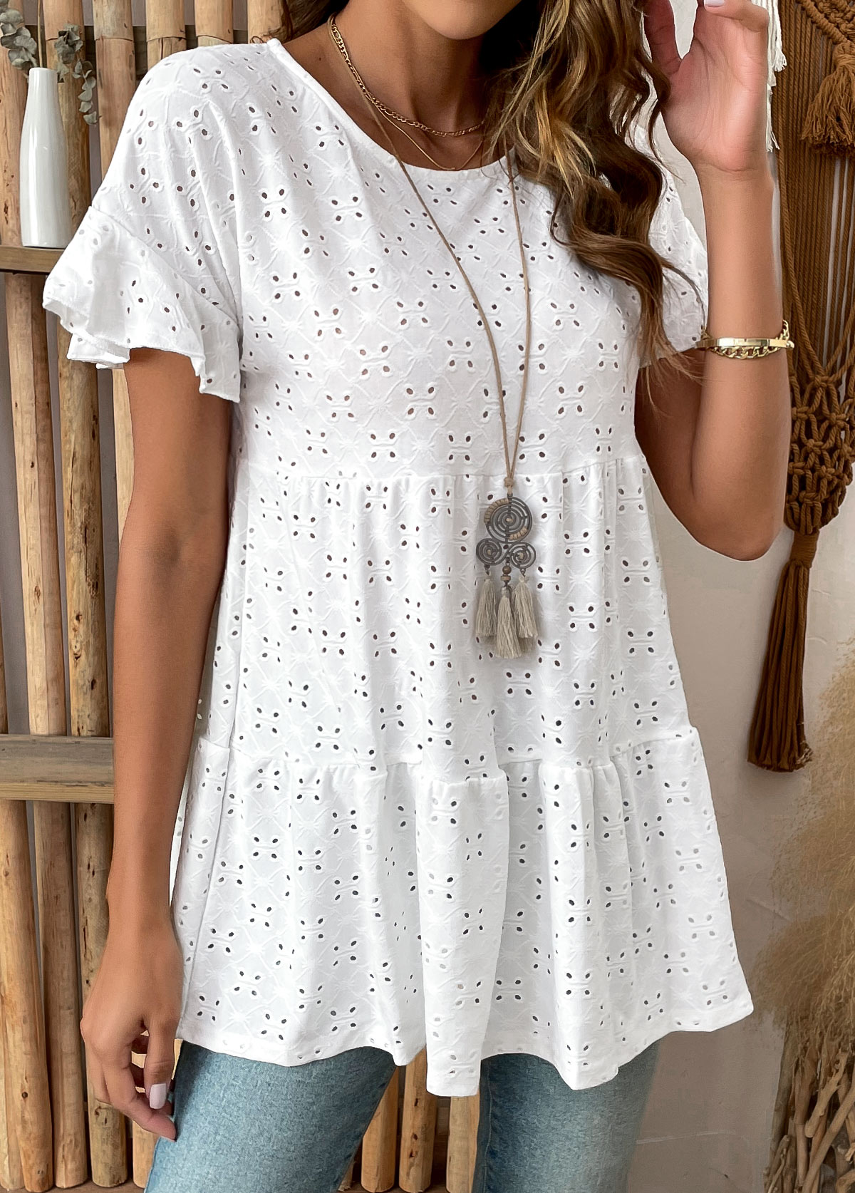White Hollow Out Short Sleeve Round Neck Blouse