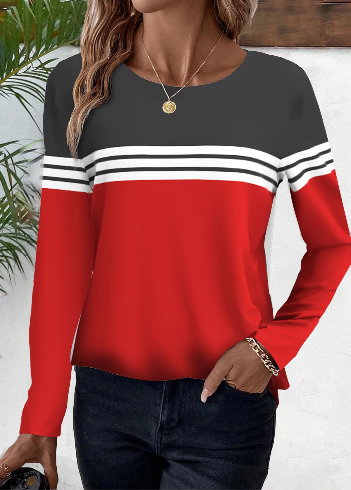 Red Striped Long Sleeve Round Neck T Shirt | modlily.com - USD 27.98