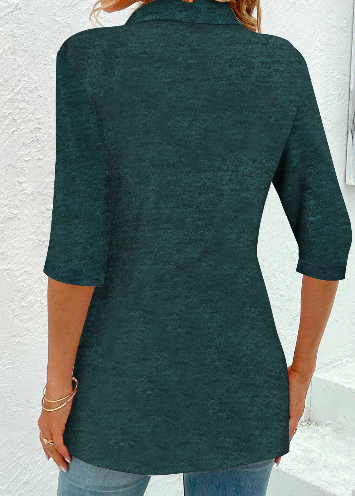 Peacock Blue Patchwork Plaid Half Sleeve Shirt Collar Blouse | picture 