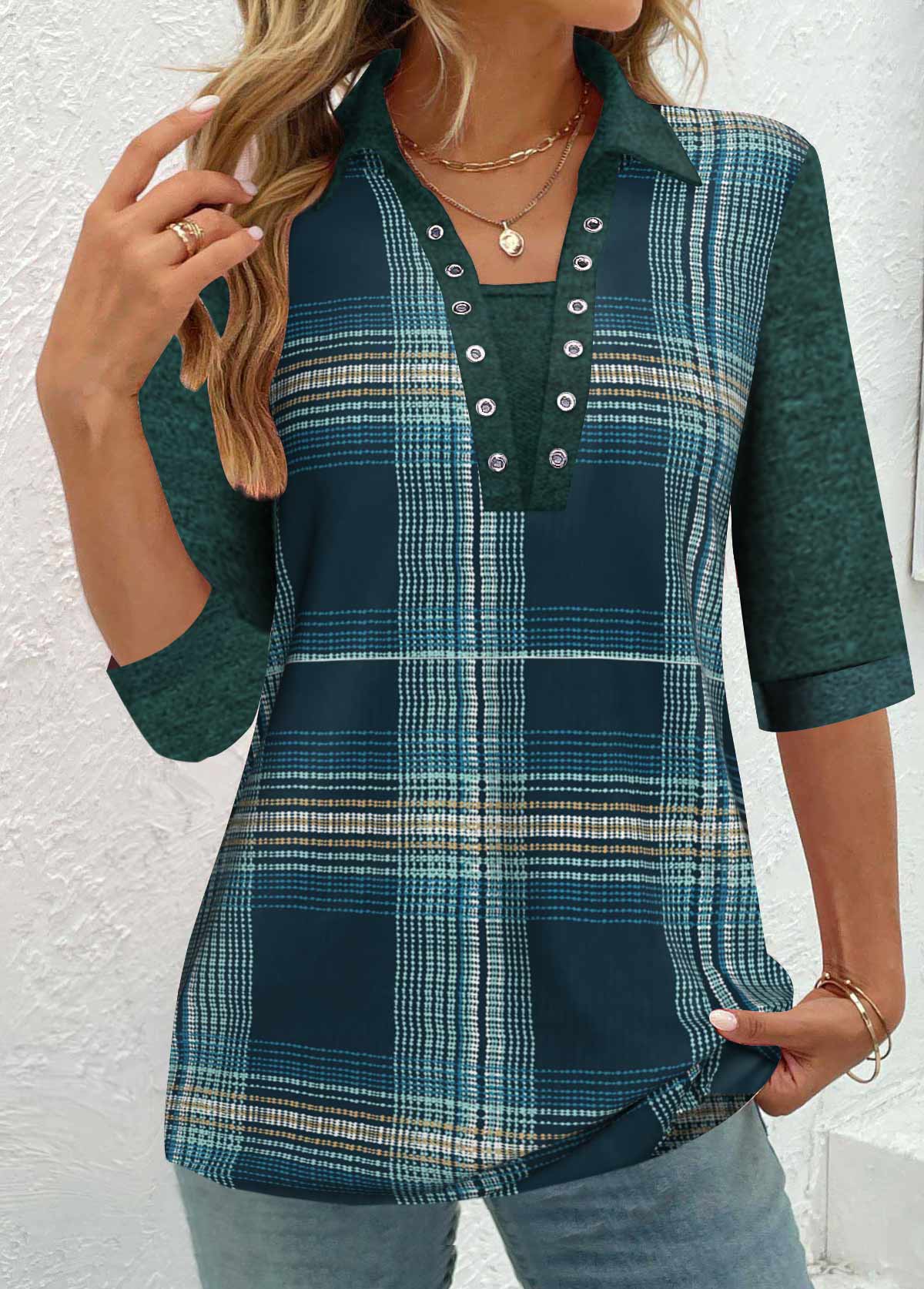 Peacock Blue Patchwork Plaid Half Sleeve Shirt Collar Blouse | picture 