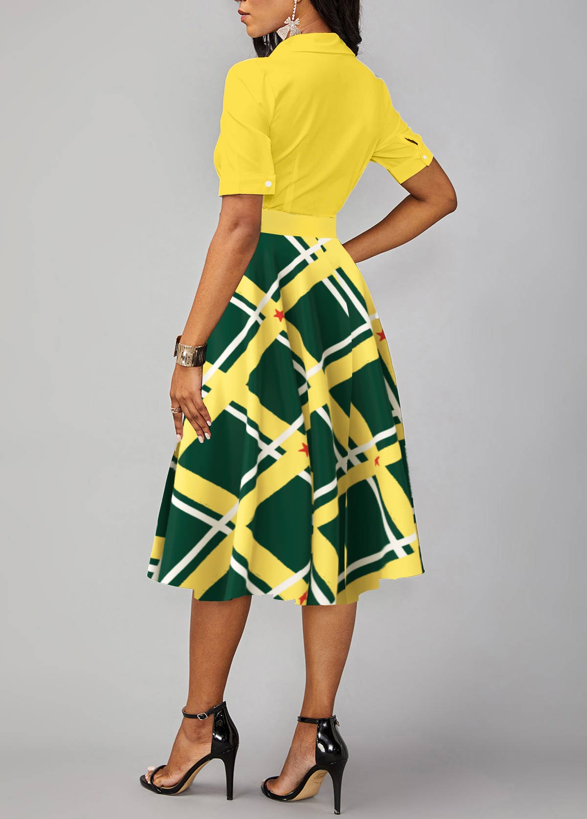 Yellow Umbrella Hem Geometric Print Belted Short Sleeve Dress