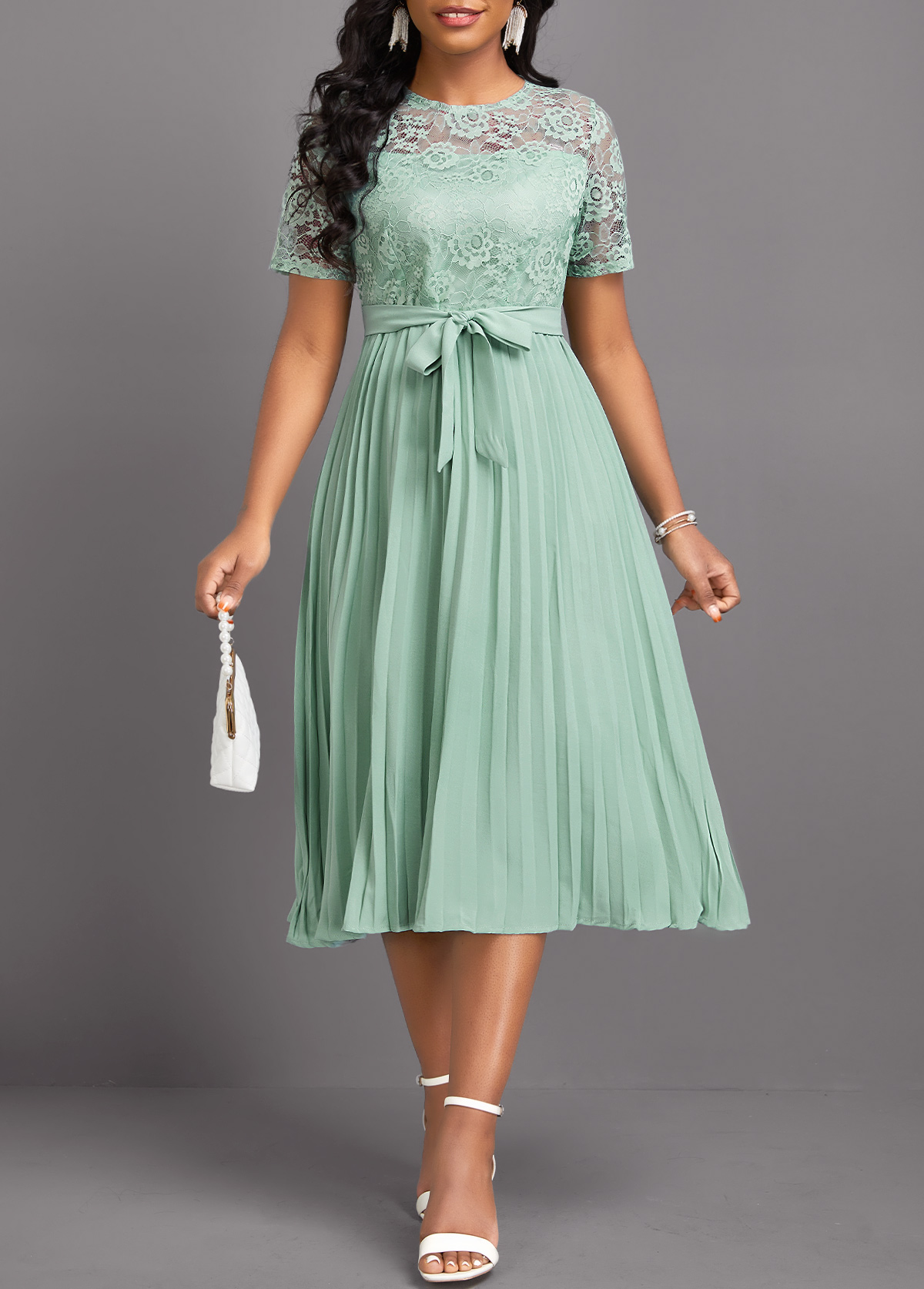 Light Green Lace Belted Short Sleeve Round Neck Dress