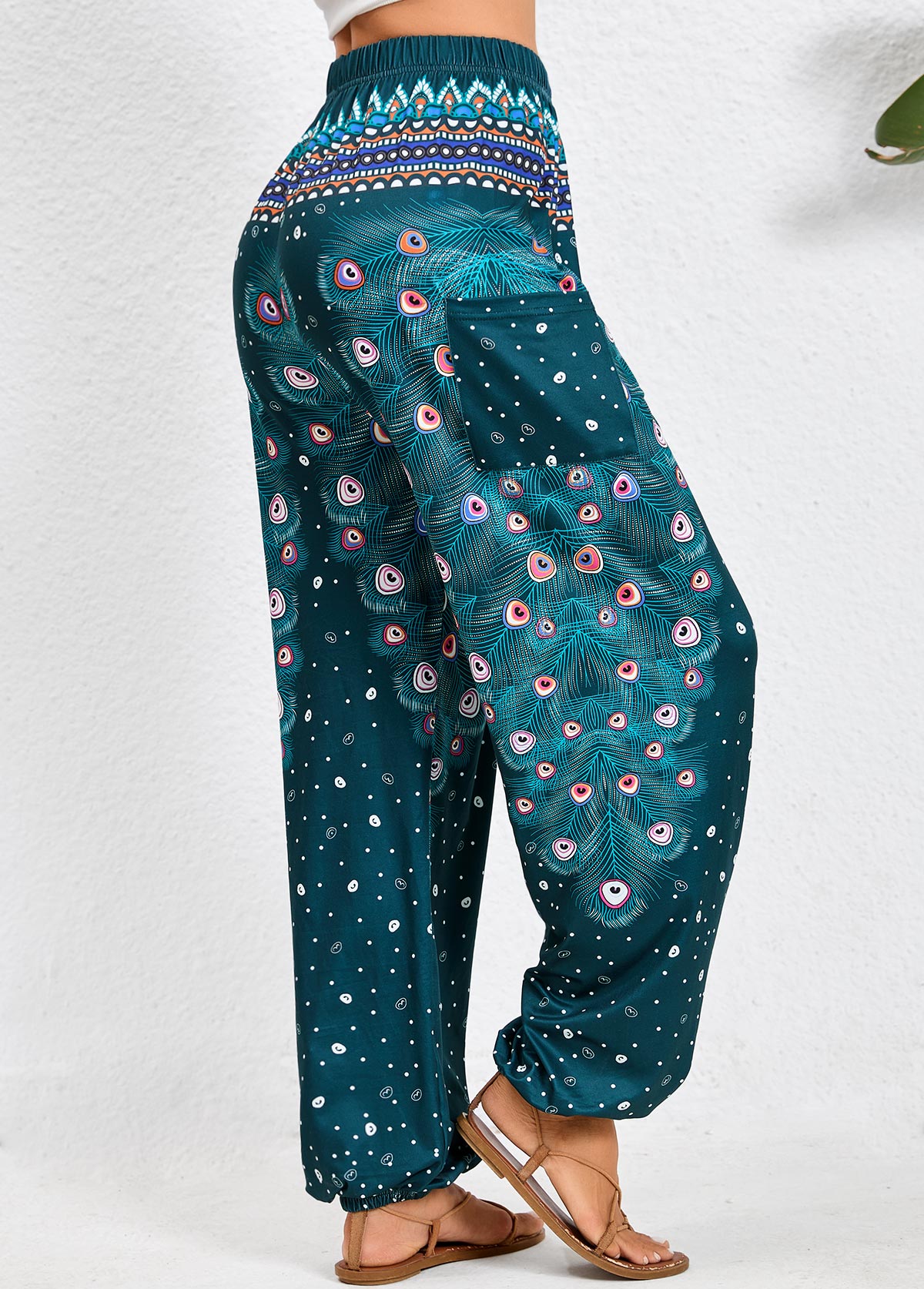 Turquoise Pocket Feathers Print Jogger Elastic Waist Pants