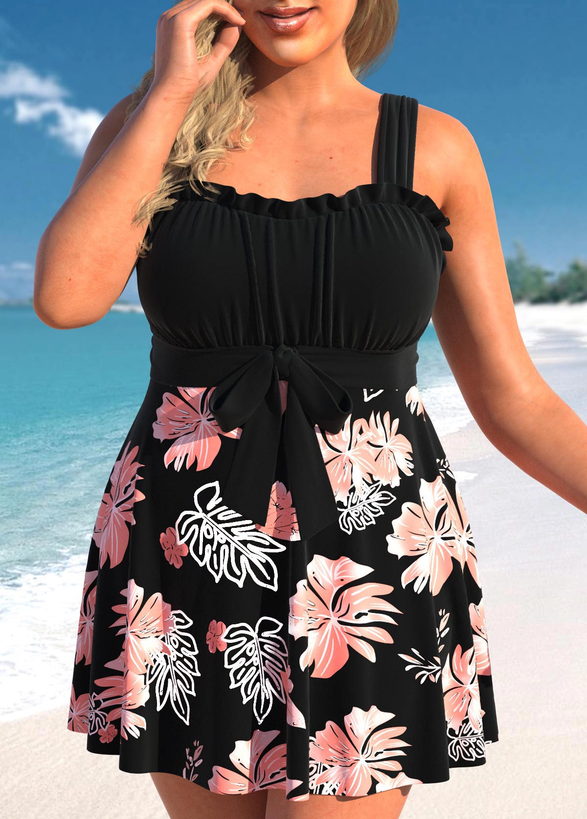 Plus Size Frill Black Floral Print Swimdress Set