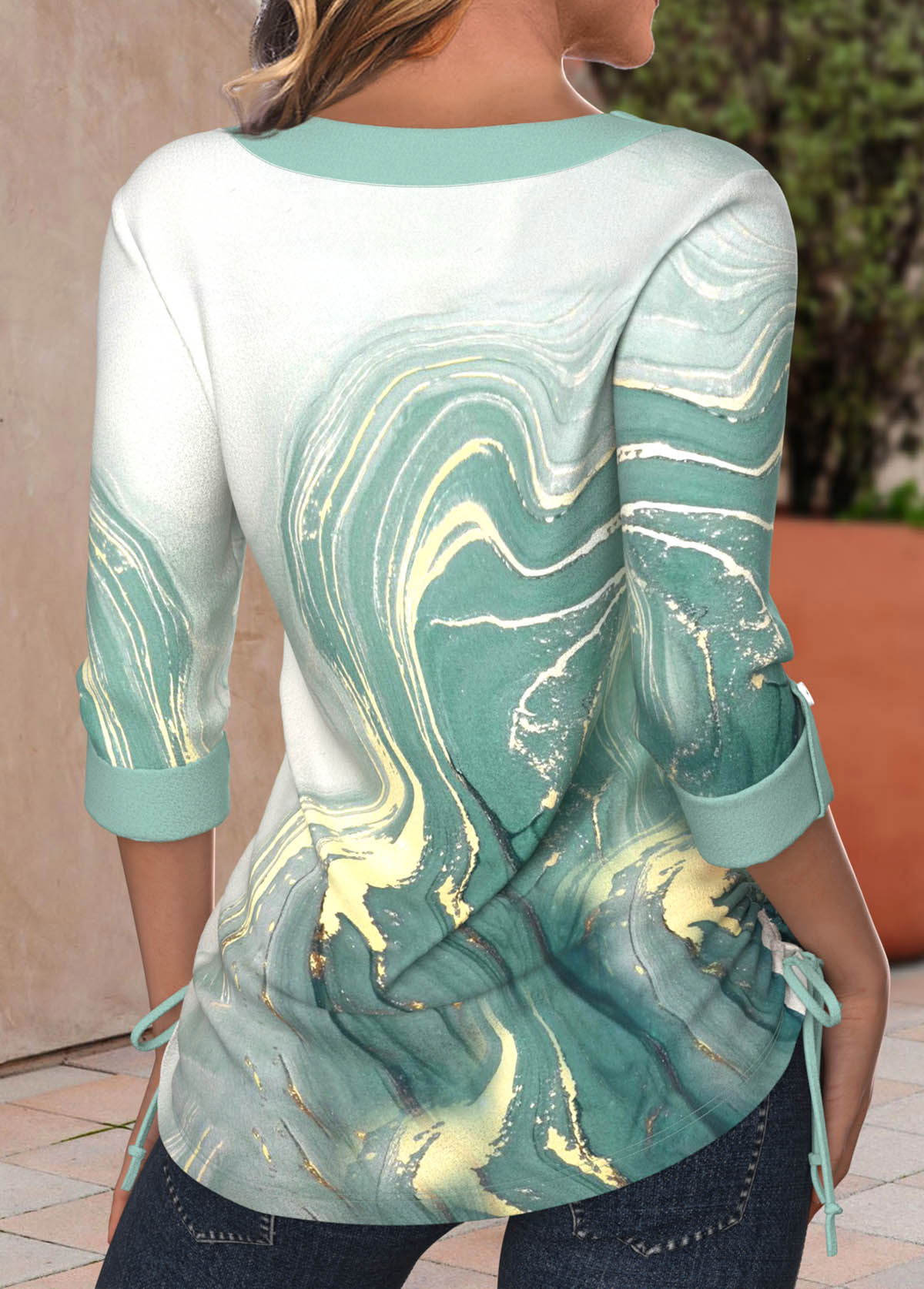 Light Green Ruched Marble Print 3/4 Sleeve T Shirt
