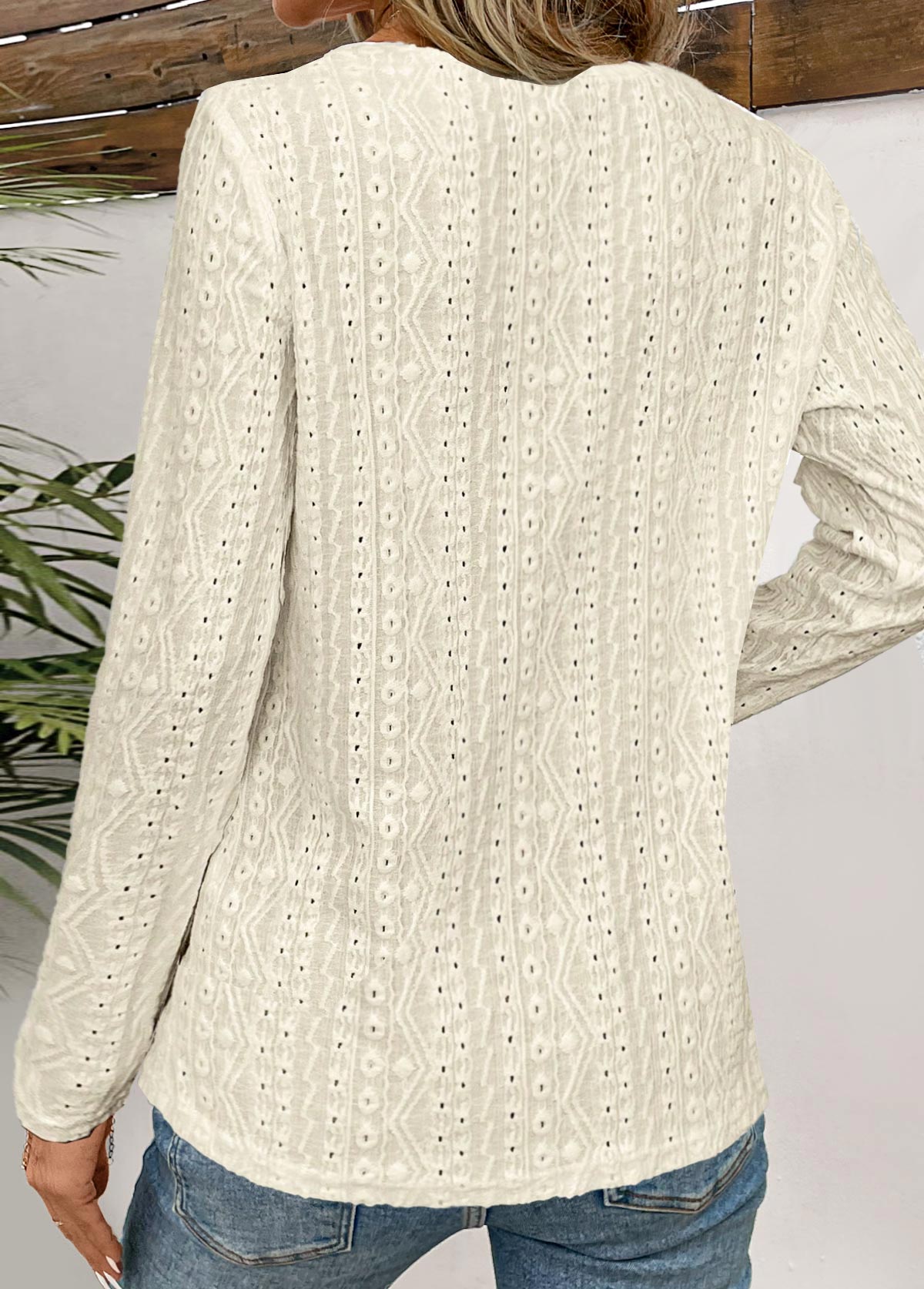 Beige Textured Fabric Long Sleeve V Neck T Shirt