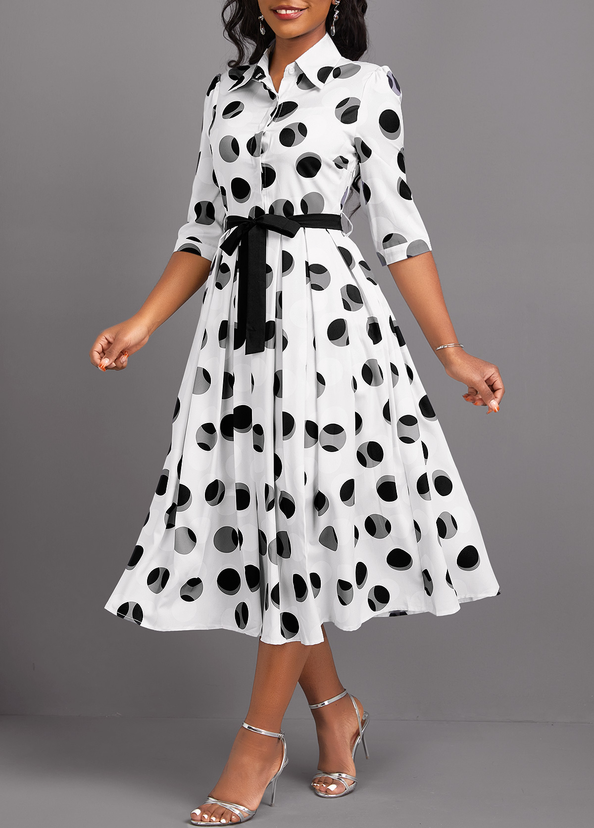 White Button Geometric Print Belted 3/4 Sleeve Dress