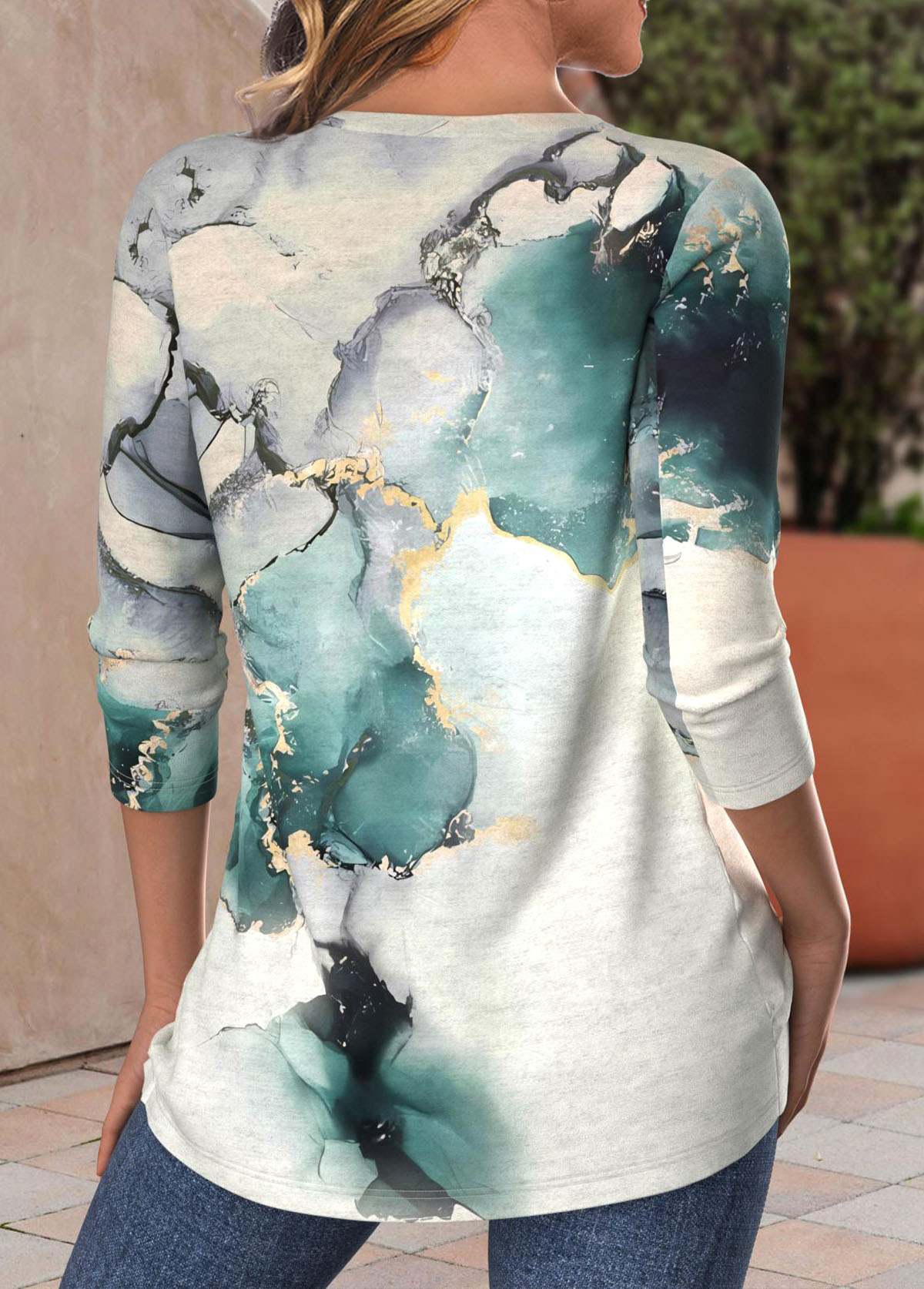 Turquoise Criss Cross Marble Print Long Sleeve T Shirt