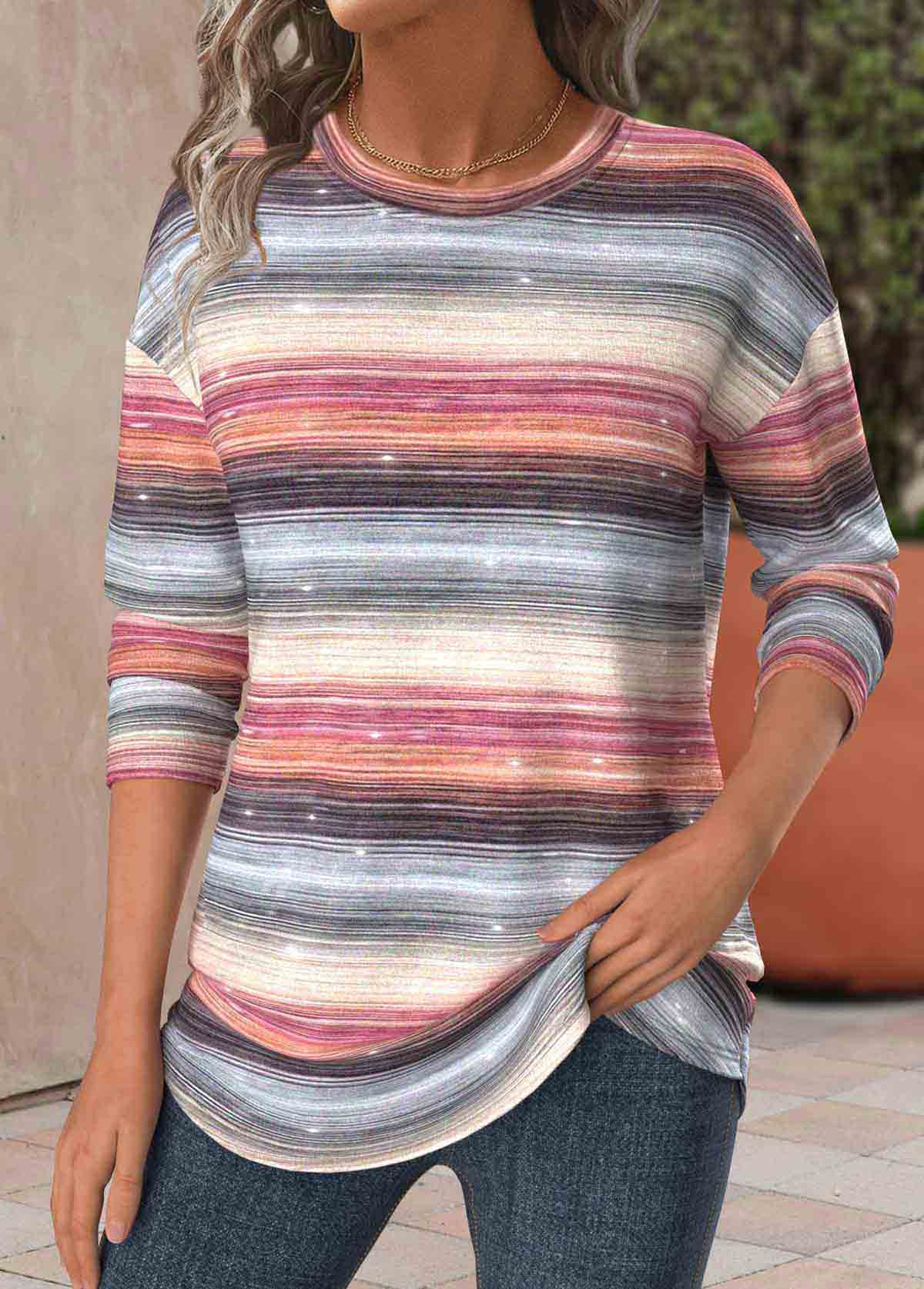 Multi Color Striped Long Sleeve Round Neck T Shirt