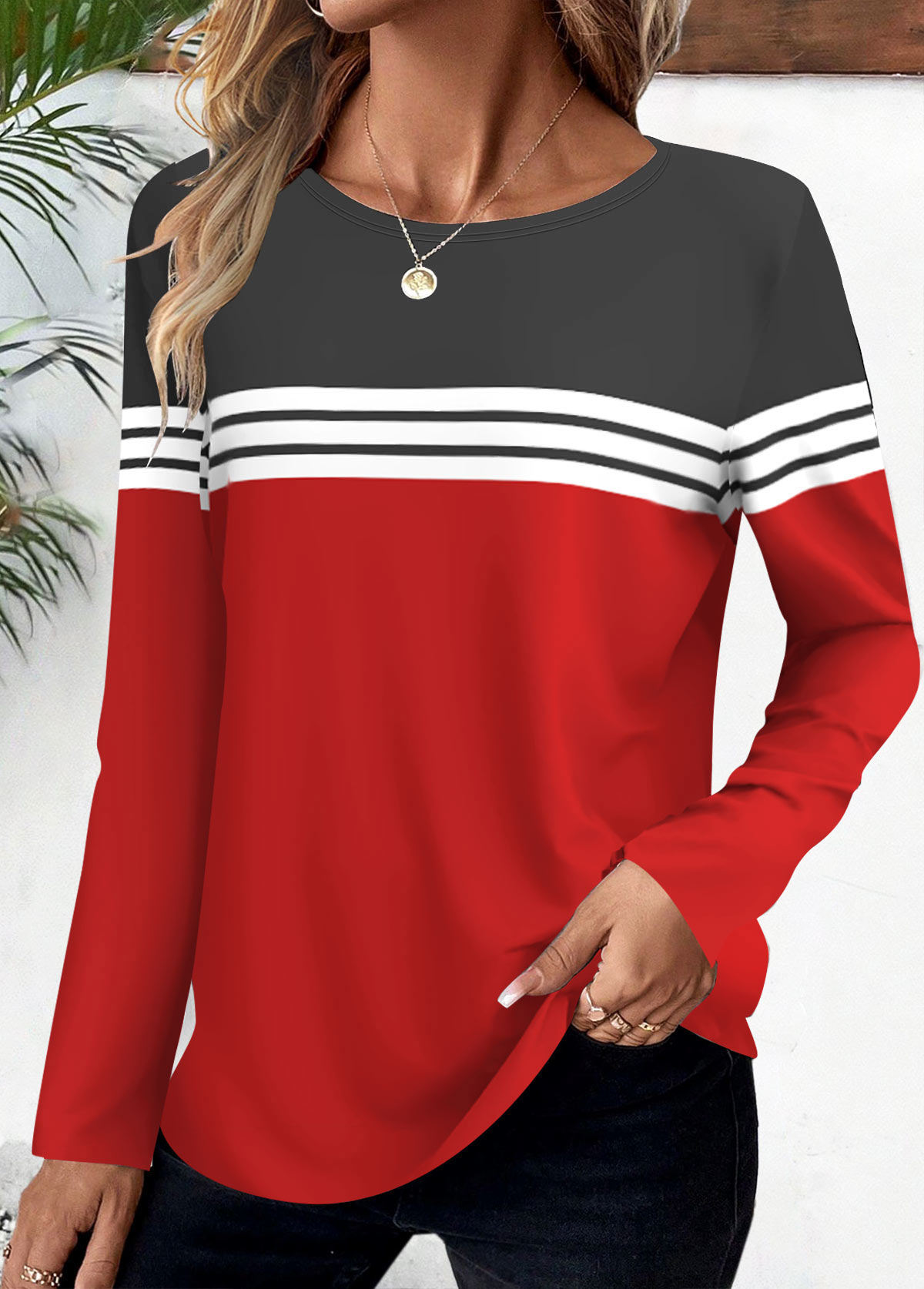 Red Plus Size Striped Long Sleeve T Shirt | picture 