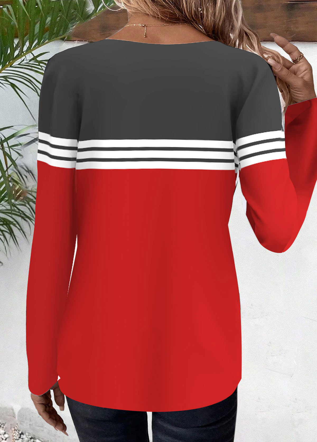 Red Plus Size Striped Long Sleeve T Shirt | picture 