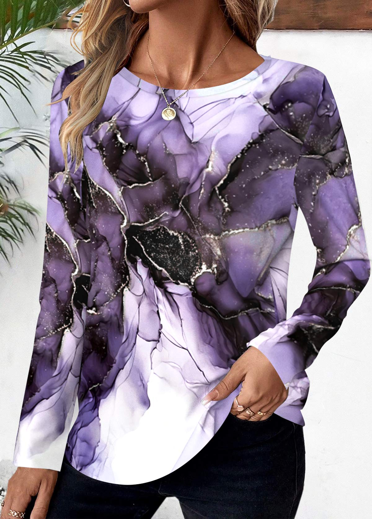 Plus Size Purple Floral Print Long Sleeve T Shirt