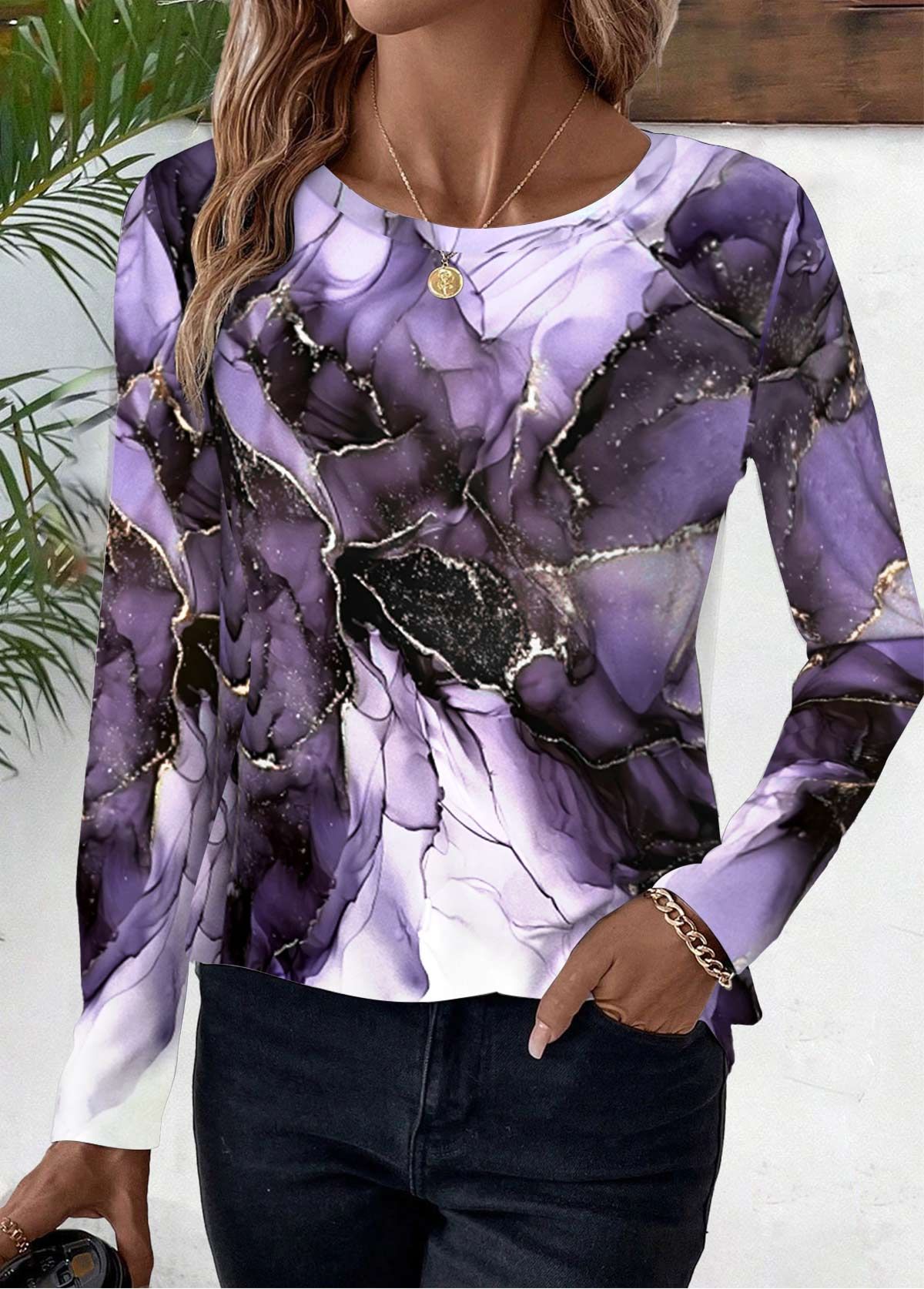 Plus Size Purple Floral Print Long Sleeve T Shirt