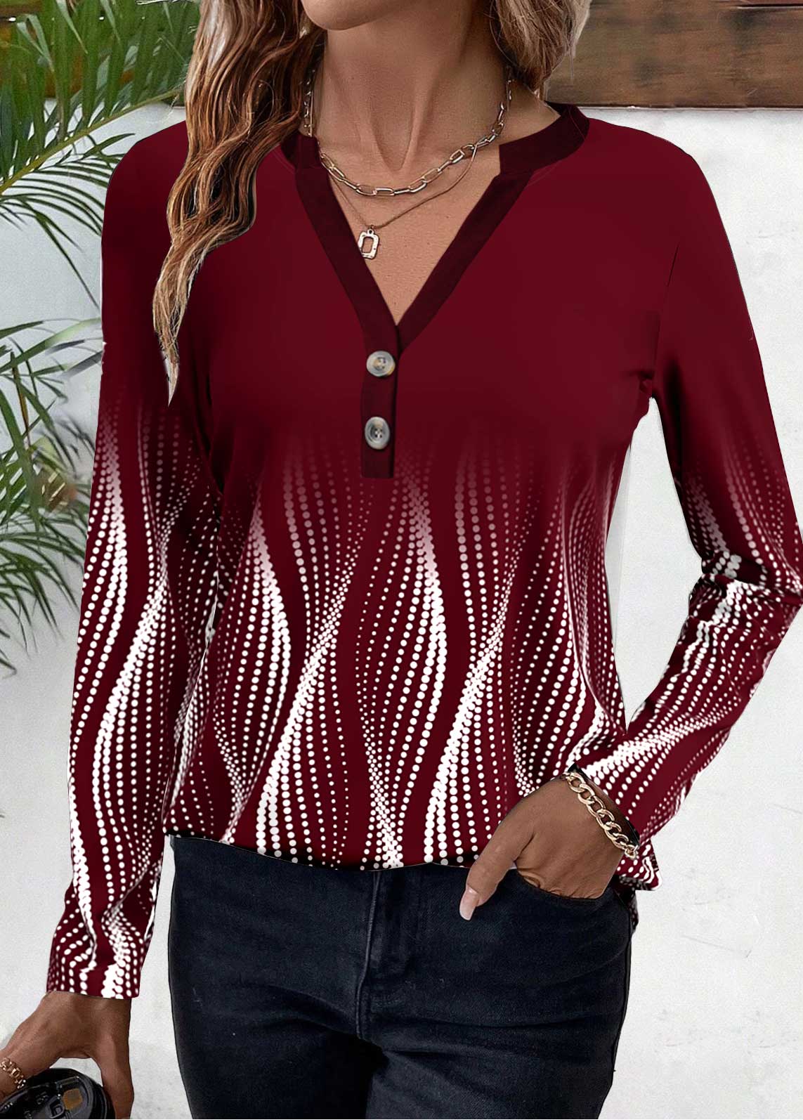 Plus Size Deep Red Button Ombre T Shirt