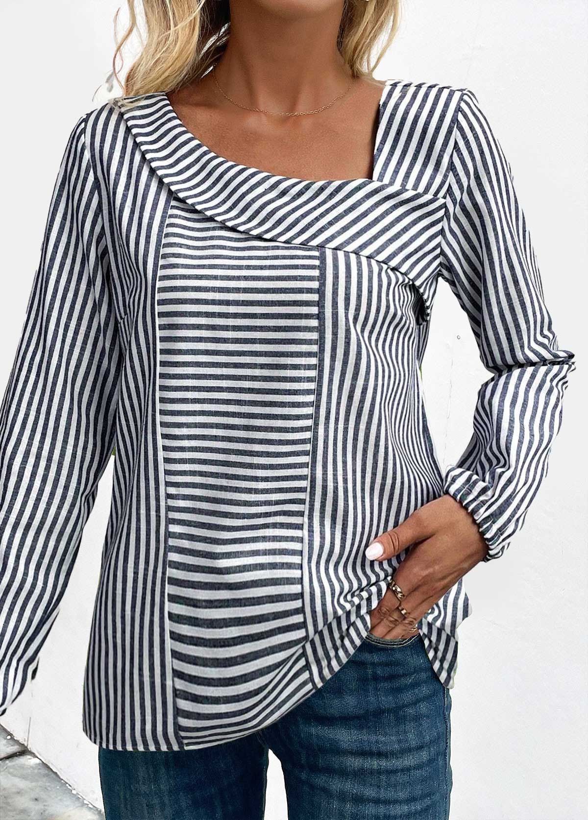 Navy Asymmetry Striped Long Sleeve Asymmetrical Neck Blouse | picture 