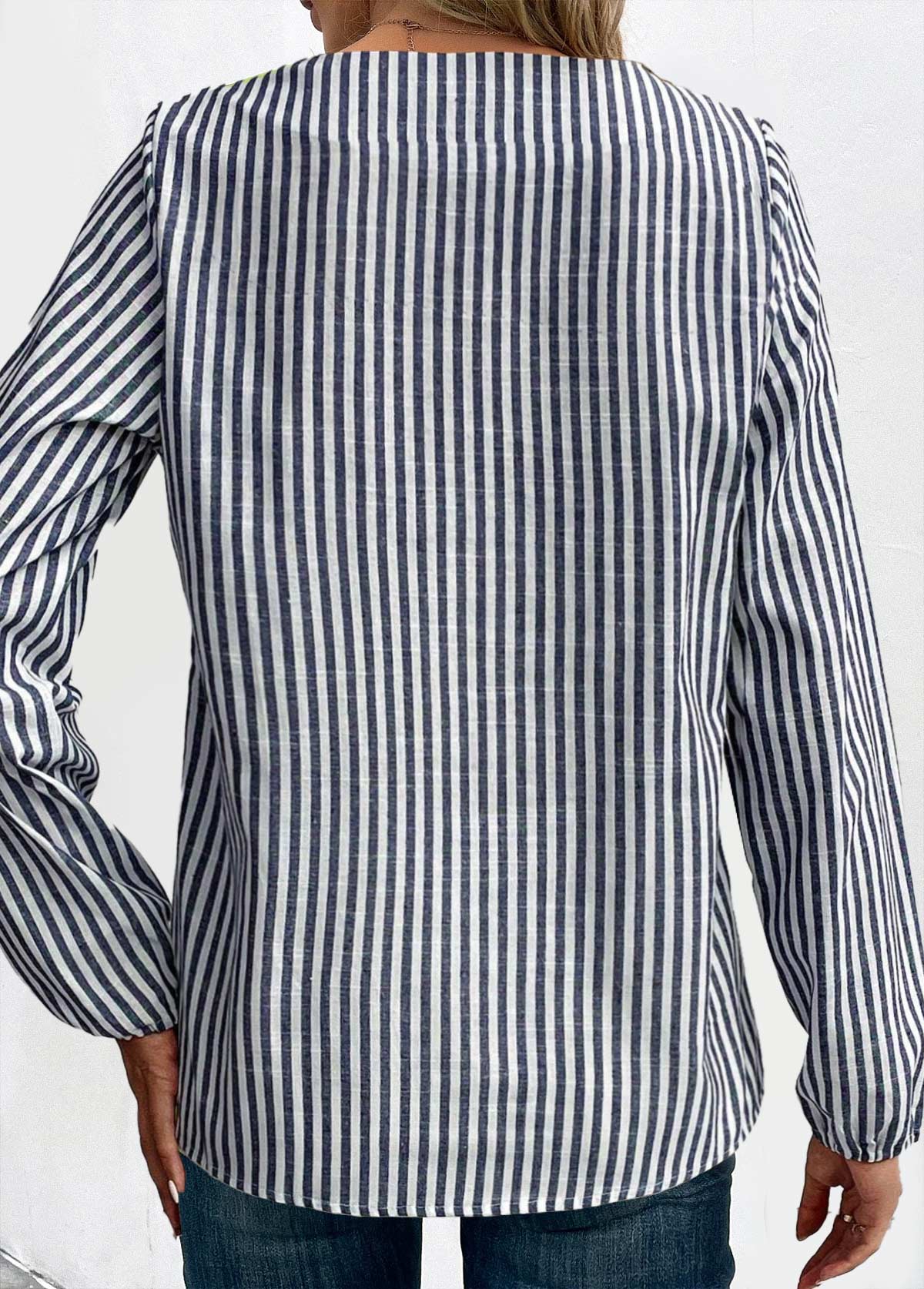 Navy Asymmetry Striped Long Sleeve Asymmetrical Neck Blouse | picture 