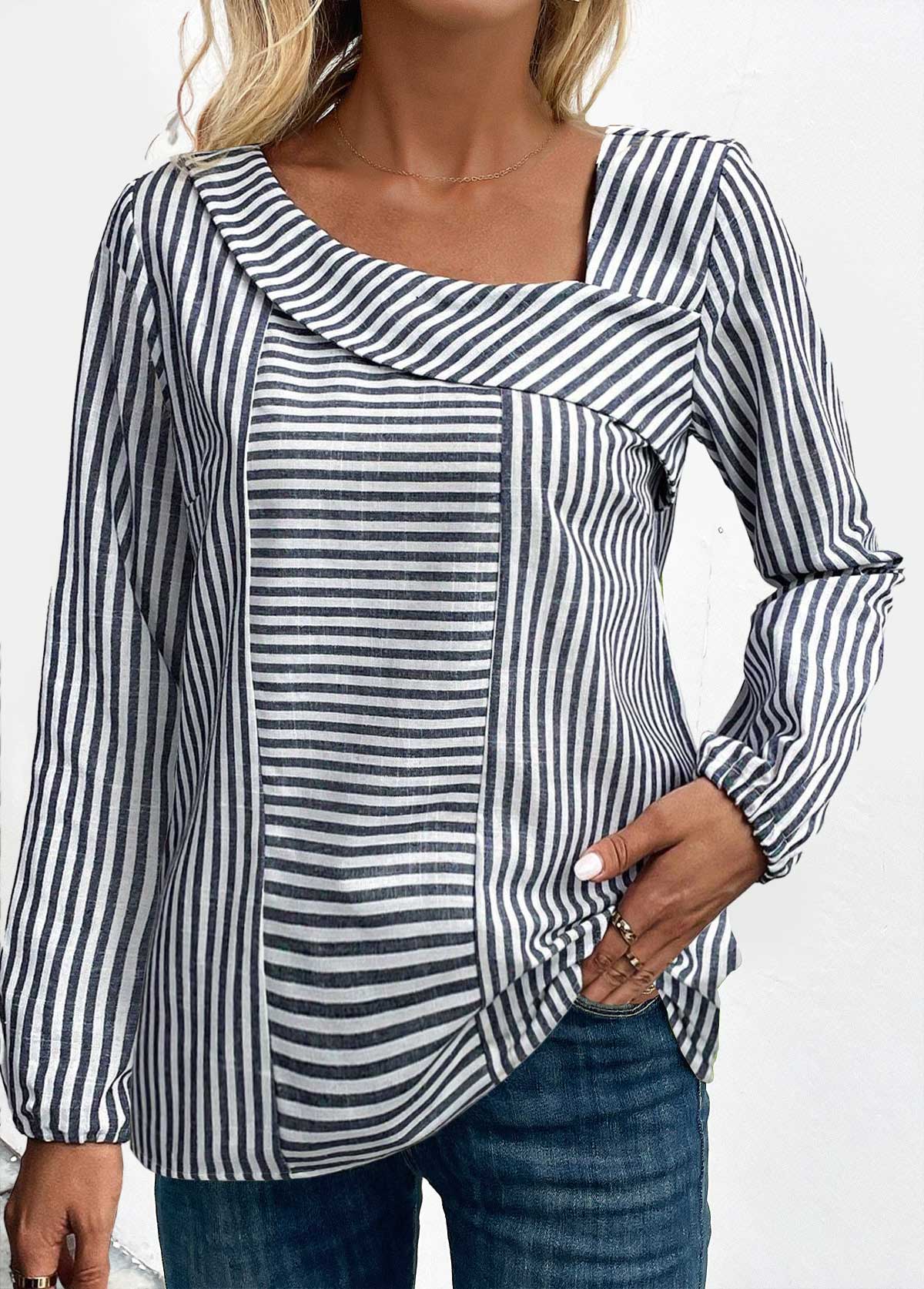 Navy Asymmetry Striped Long Sleeve Asymmetrical Neck Blouse | picture 
