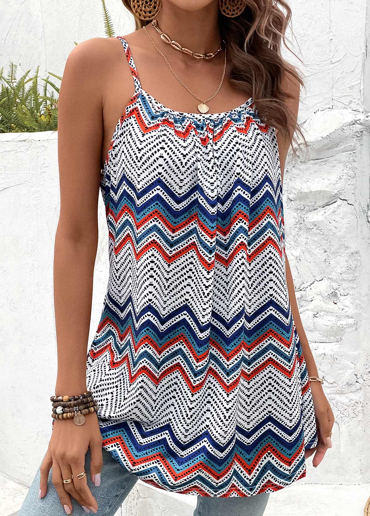 Multi Color Ruched Striped Scoop Neck Camisole Top