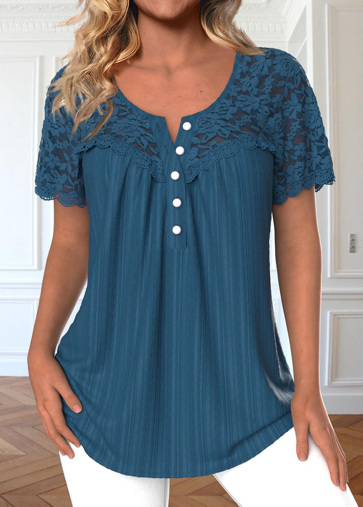 Peacock Blue Patchwork Short Sleeve Round Neck Blouse | picture 