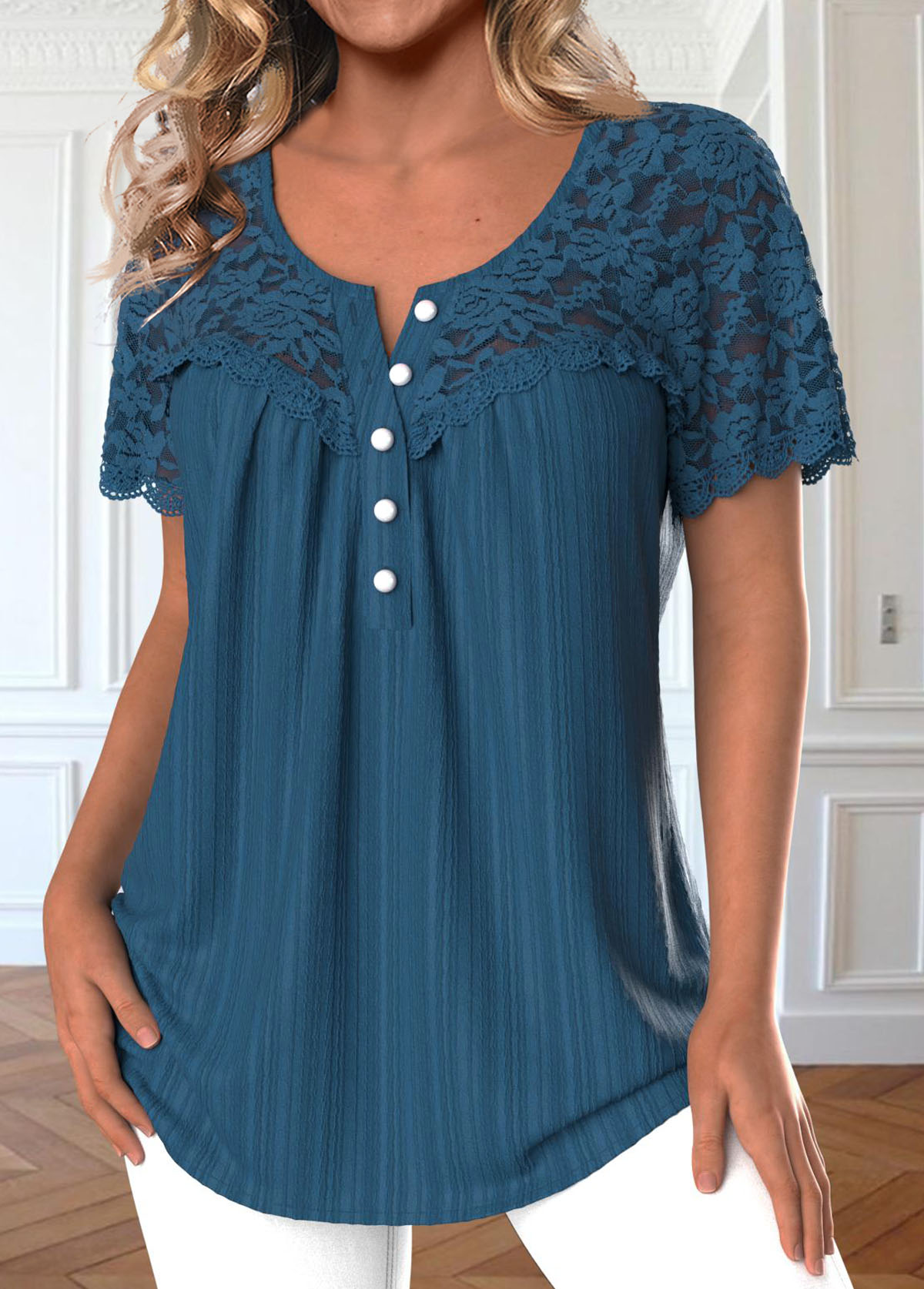 Peacock Blue Patchwork Short Sleeve Round Neck Blouse | picture 