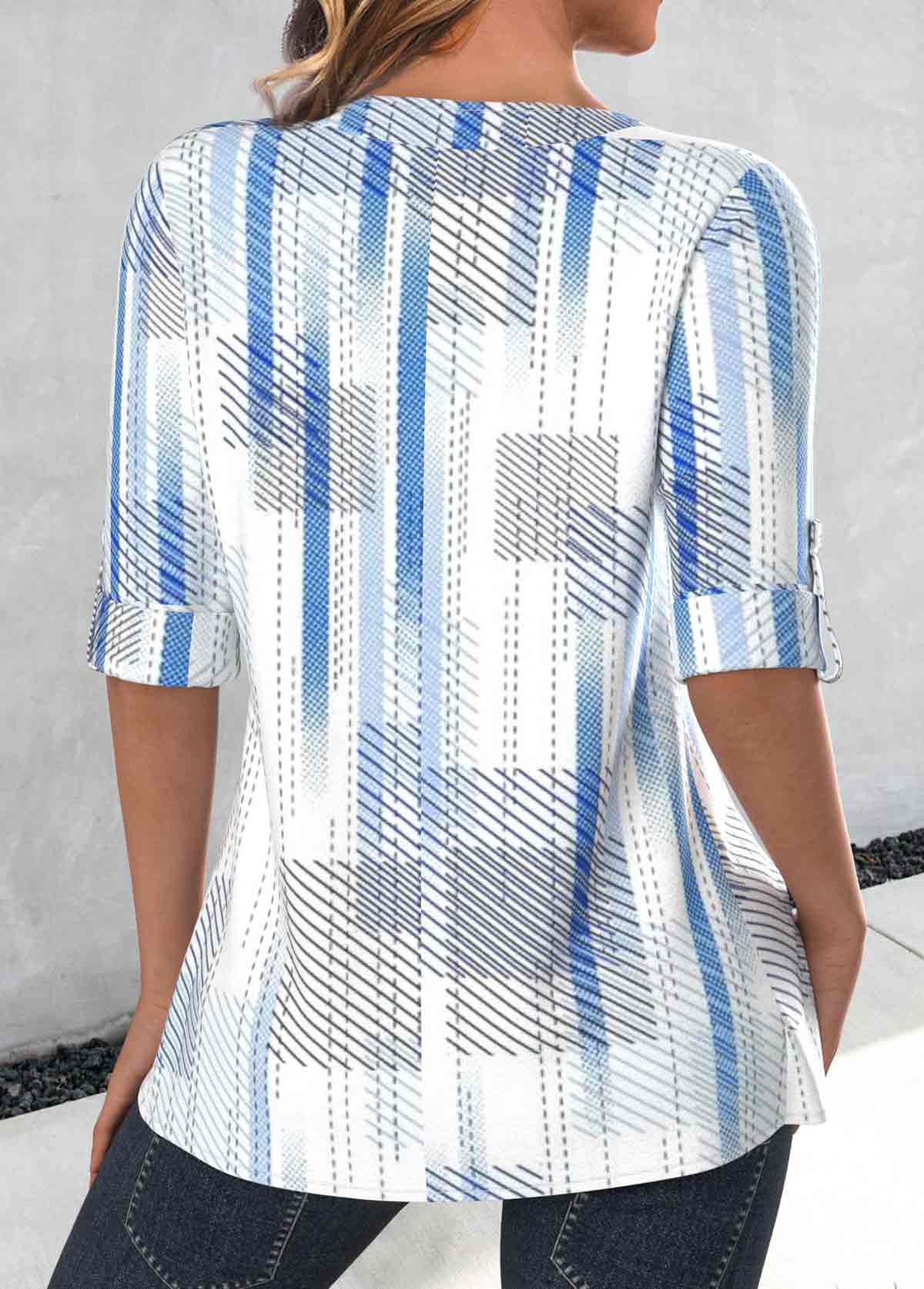 Sky Blue Zipper Striped 3/4 Sleeve V Neck Blouse | picture 