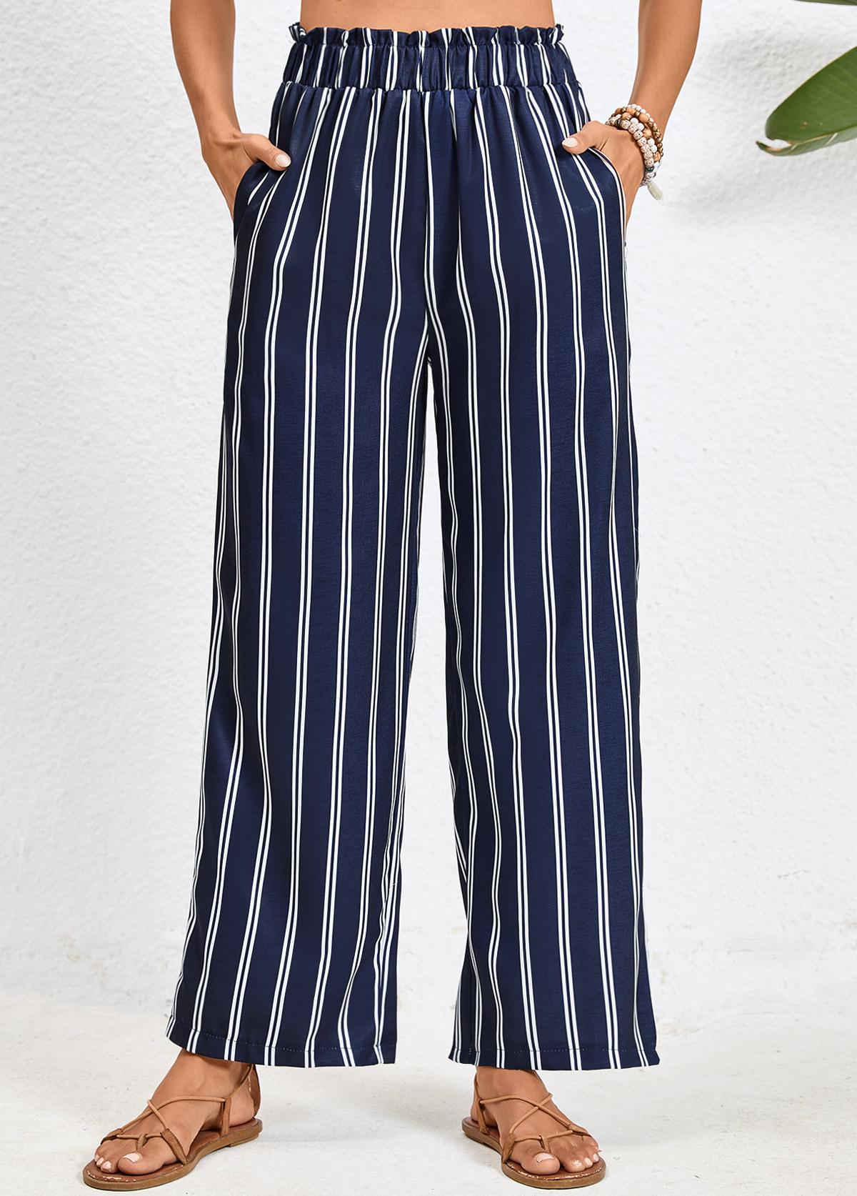 Navy Double Side Pockets Striped Elastic Waist Pants