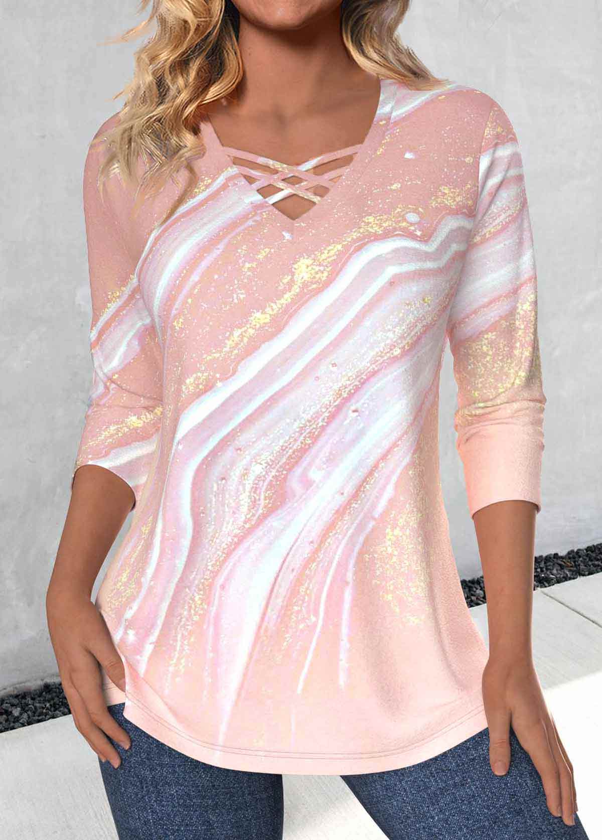 Dusty Pink Criss Cross Marble Print T Shirt