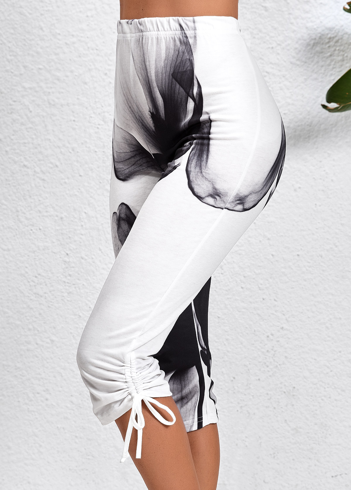 White Drawstring Ink Painting Print Skinny Elastic Waist Pants | picture 