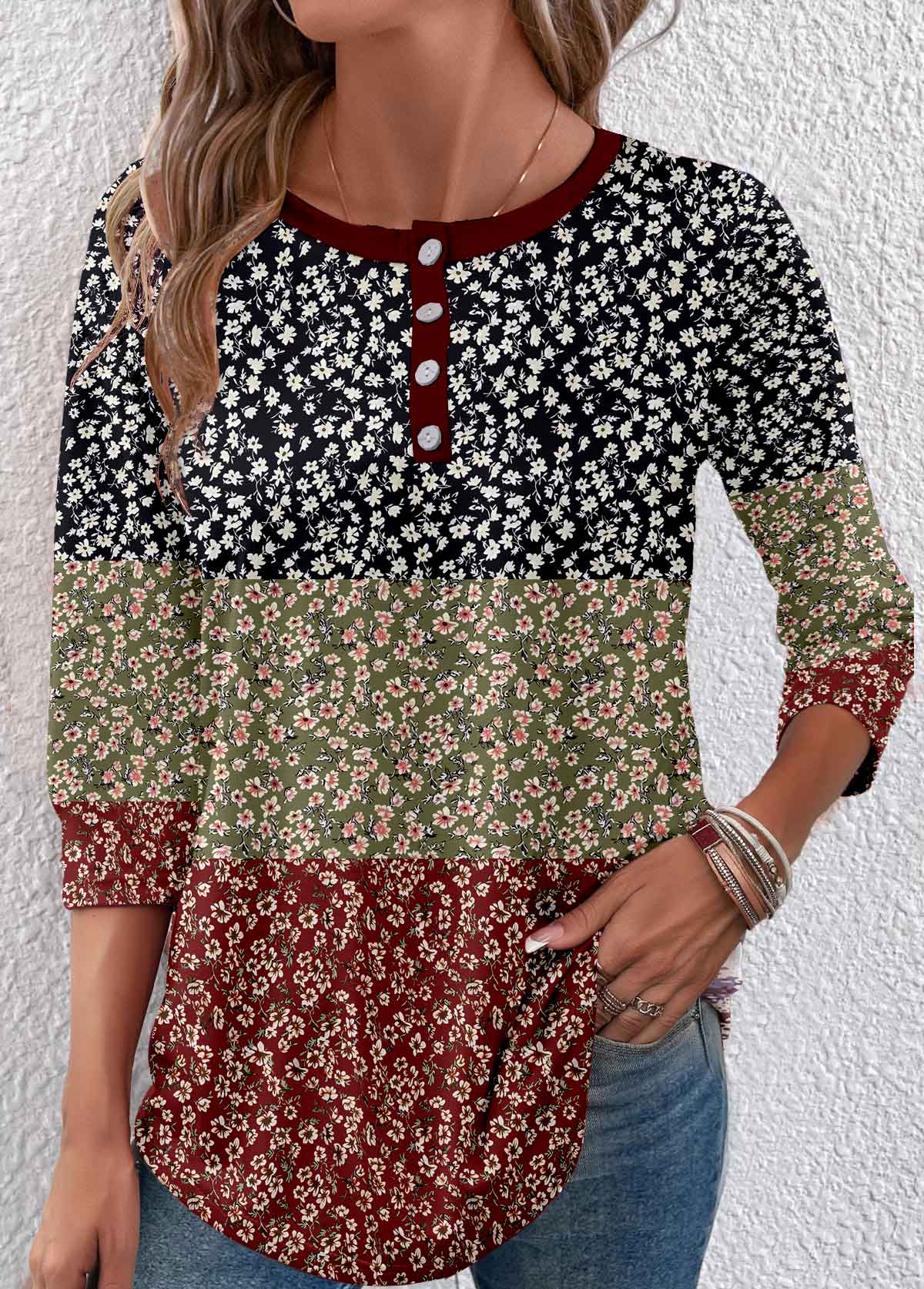 Multi Color Button Ditsy Floral Print T Shirt | picture 
